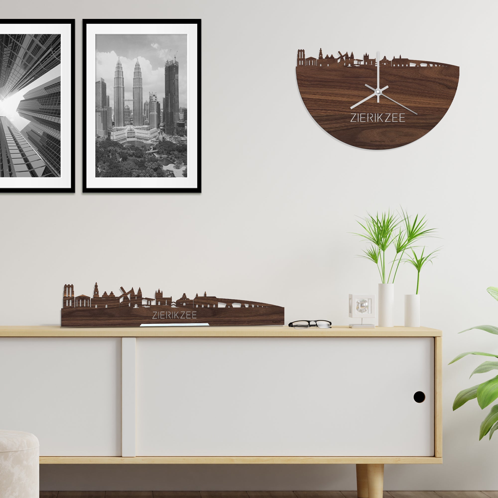 Skyline Klok Zierikzee Noten houten cadeau wanddecoratie relatiegeschenk van WoodWideCities