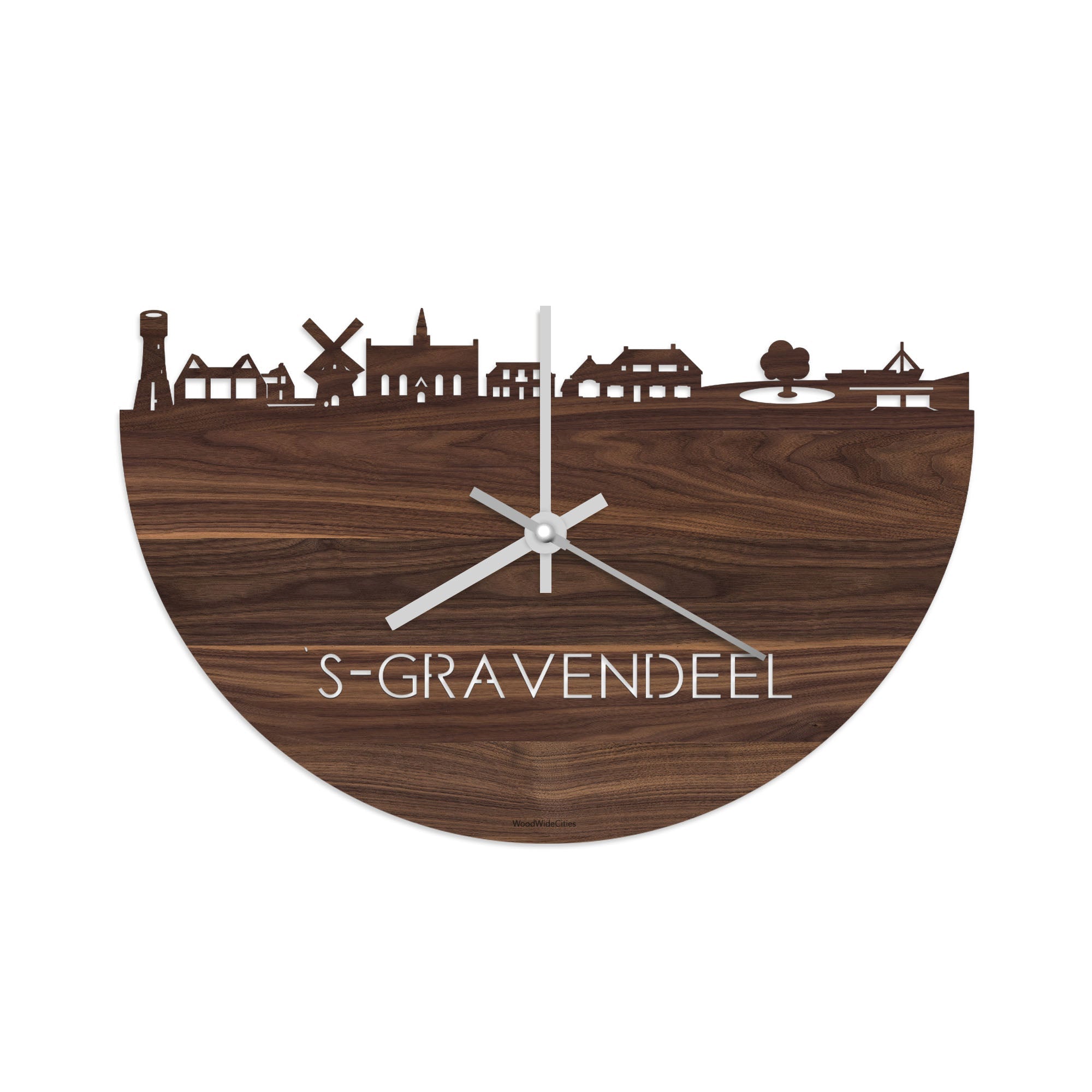 Skyline Klok 's-Gravendeel Noten houten cadeau decoratie relatiegeschenk van WoodWideCities