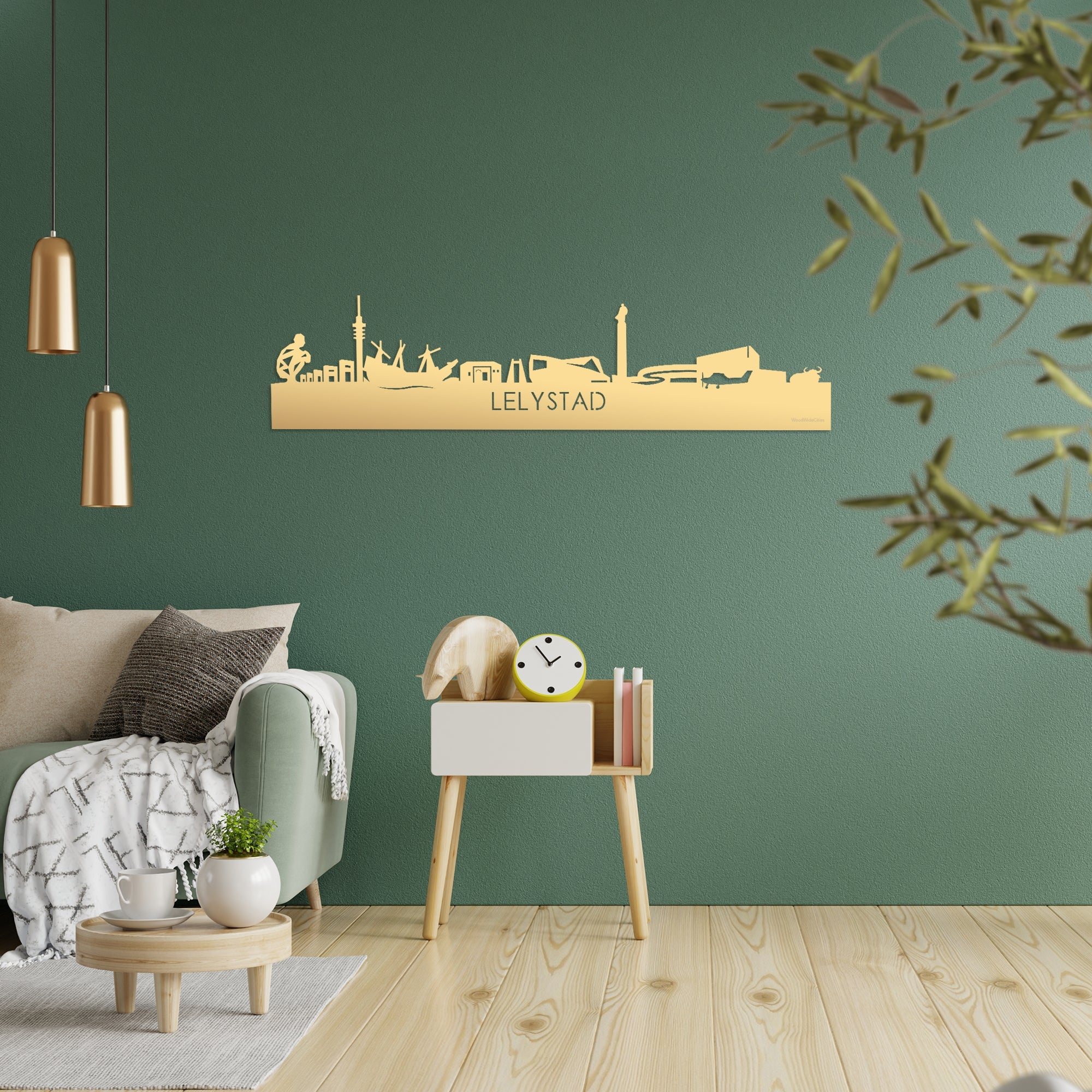 Skyline Lelystad Metallic Goud gerecycled kunststof cadeau decoratie relatiegeschenk van WoodWideCities