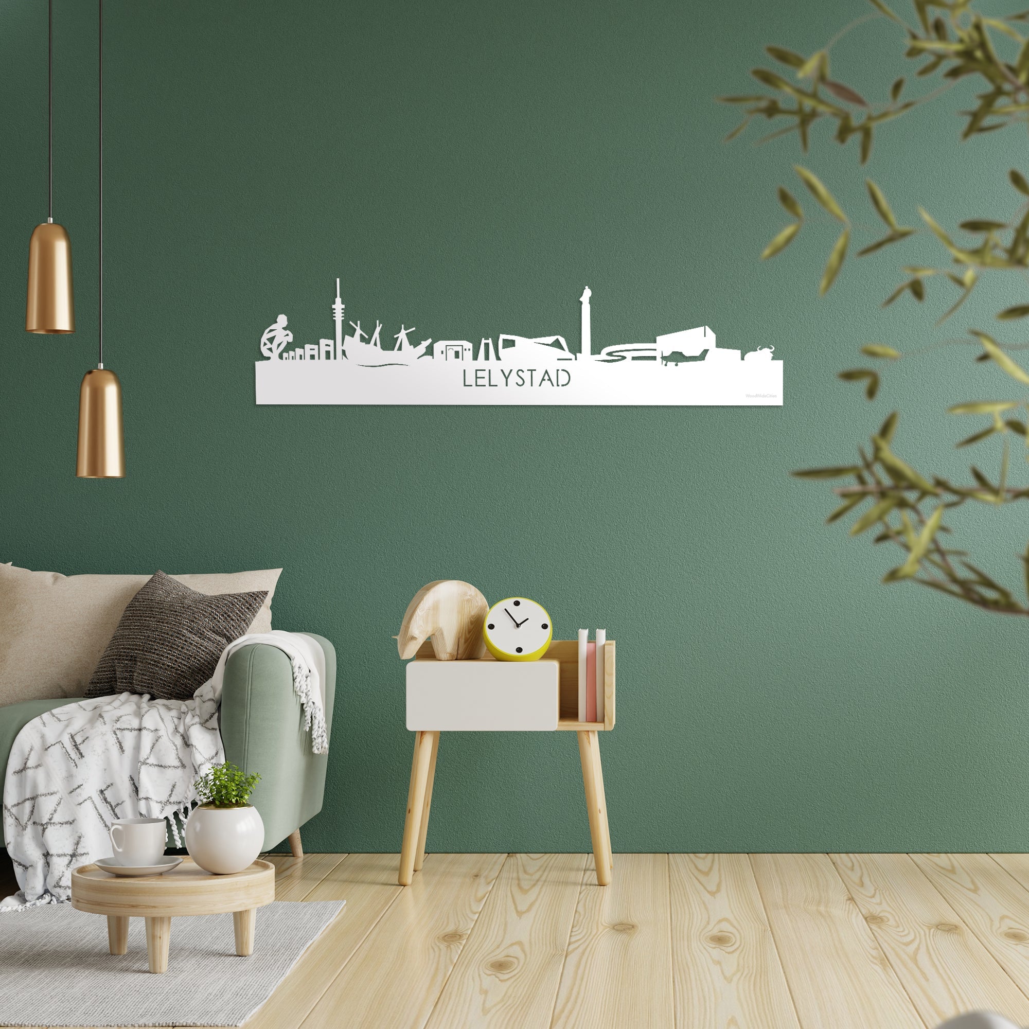 Skyline Lelystad Wit glanzend gerecycled kunststof cadeau decoratie relatiegeschenk van WoodWideCities