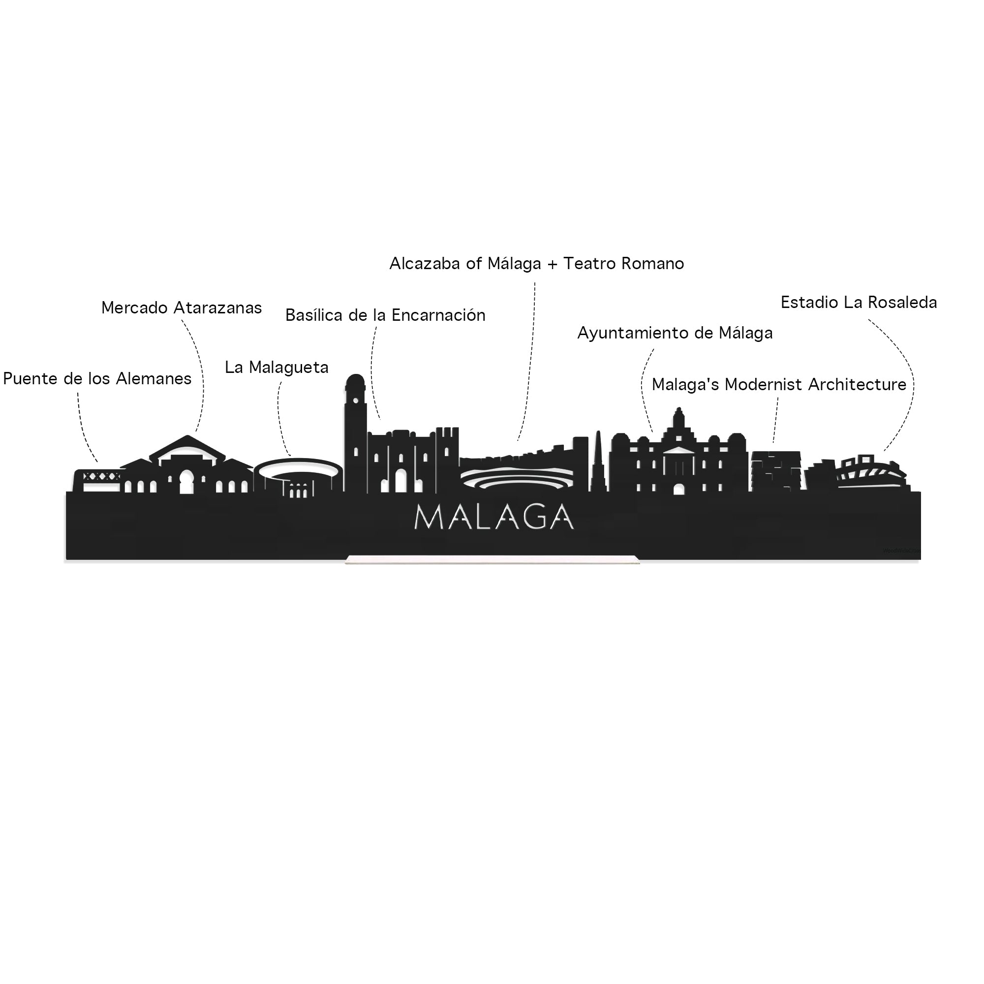 Skyline Magneet Malaga houten cadeau decoratie relatiegeschenk van WoodWideCities