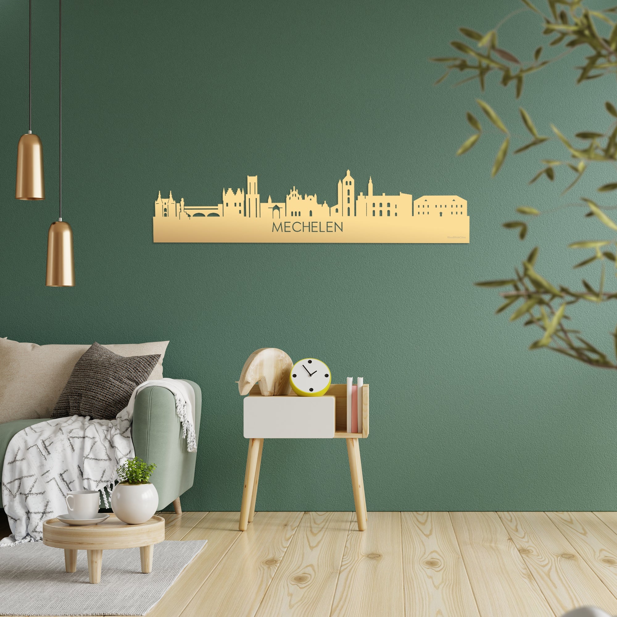 Skyline Mechelen Metallic Goud gerecycled kunststof cadeau decoratie relatiegeschenk van WoodWideCities