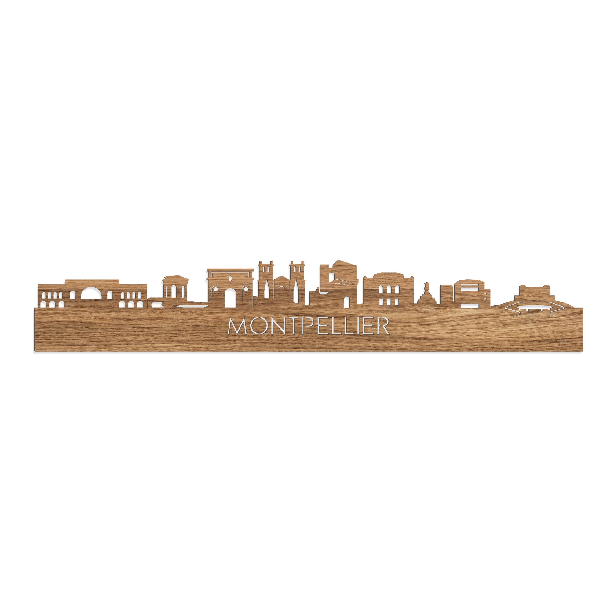 Skyline Montpellier Eiken houten cadeau decoratie relatiegeschenk van WoodWideCities