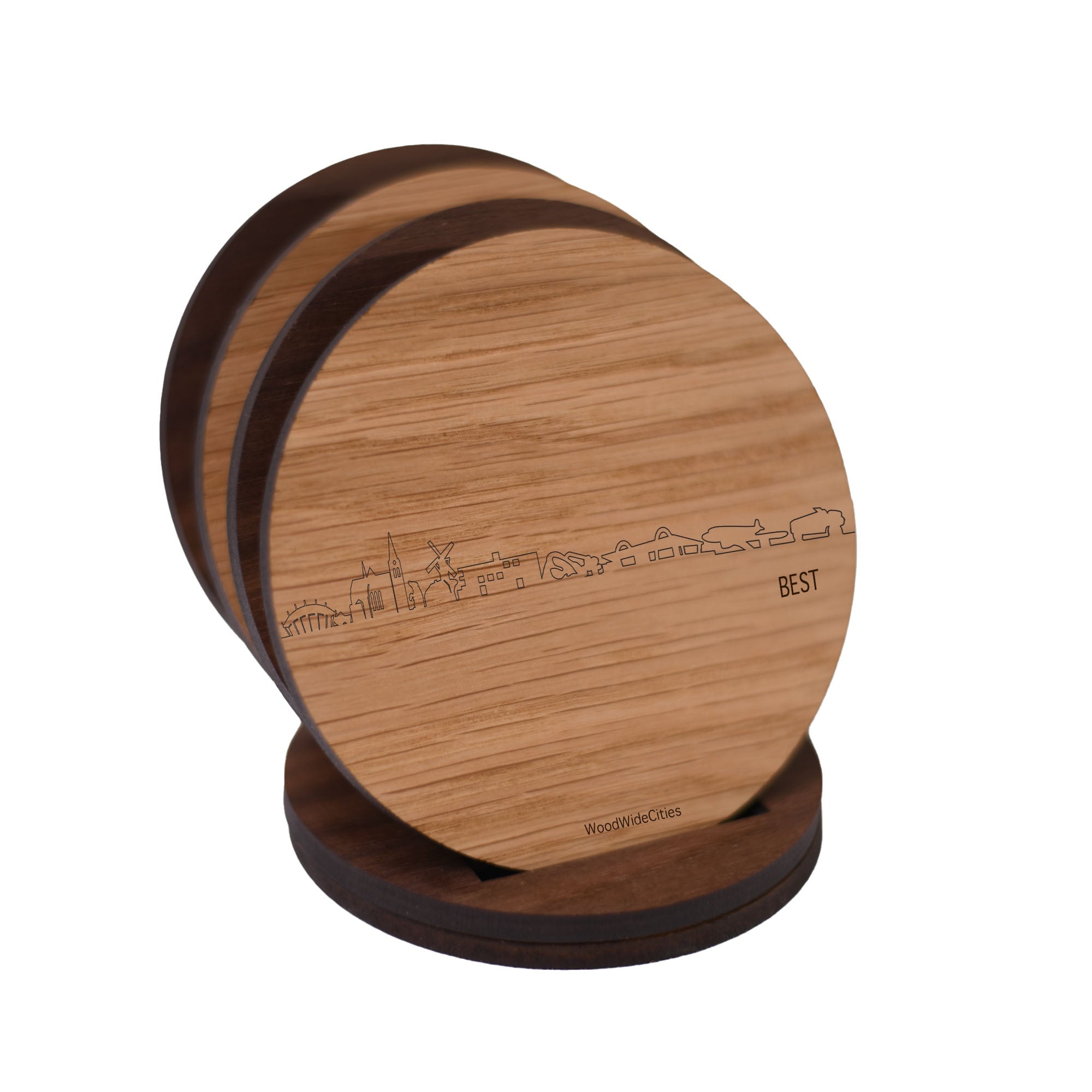 Skyline Onderzetters Best Eiken en noten houten cadeau decoratie relatiegeschenk van WoodWideCities