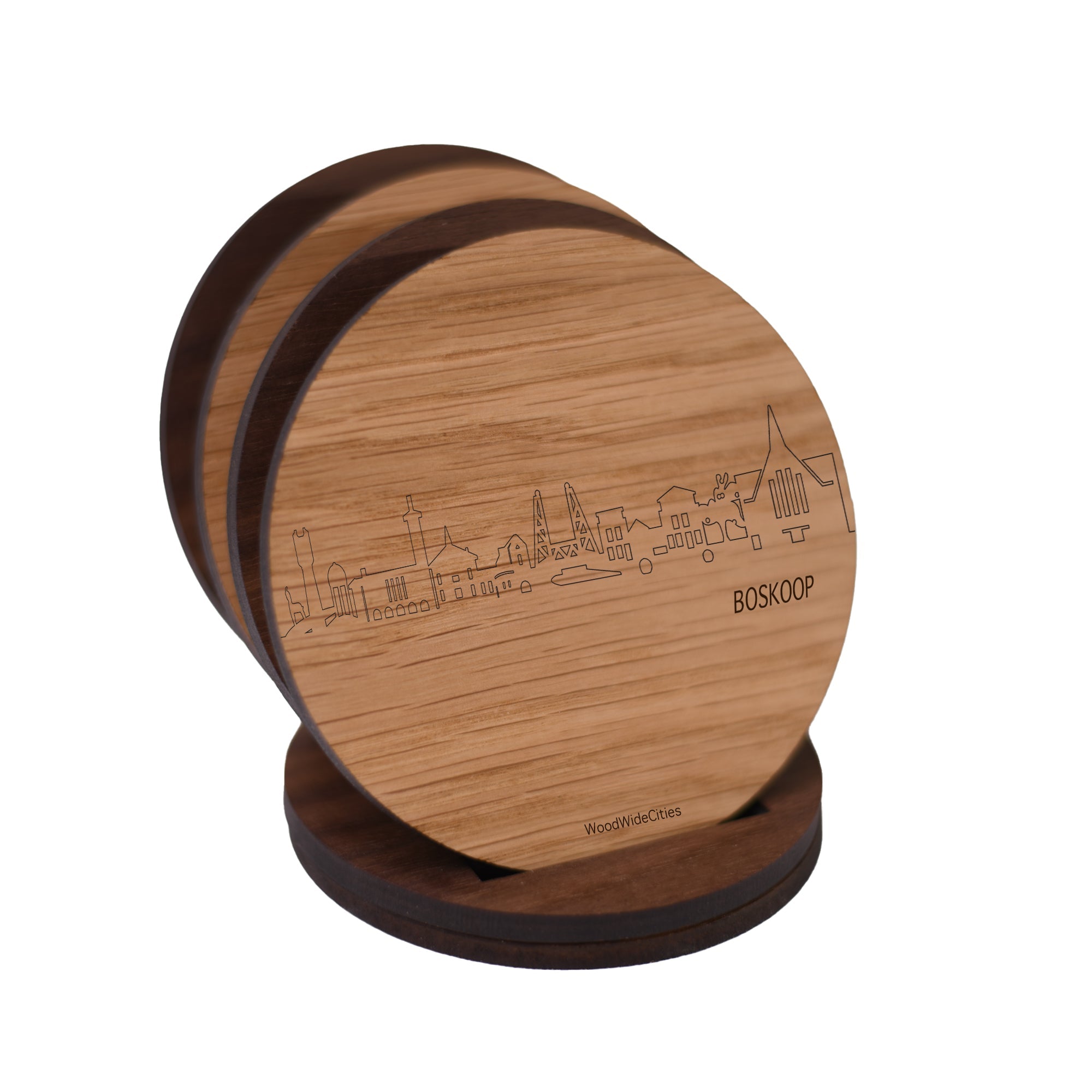 Skyline Onderzetters Boskoop Eiken en noten houten cadeau decoratie relatiegeschenk van WoodWideCities