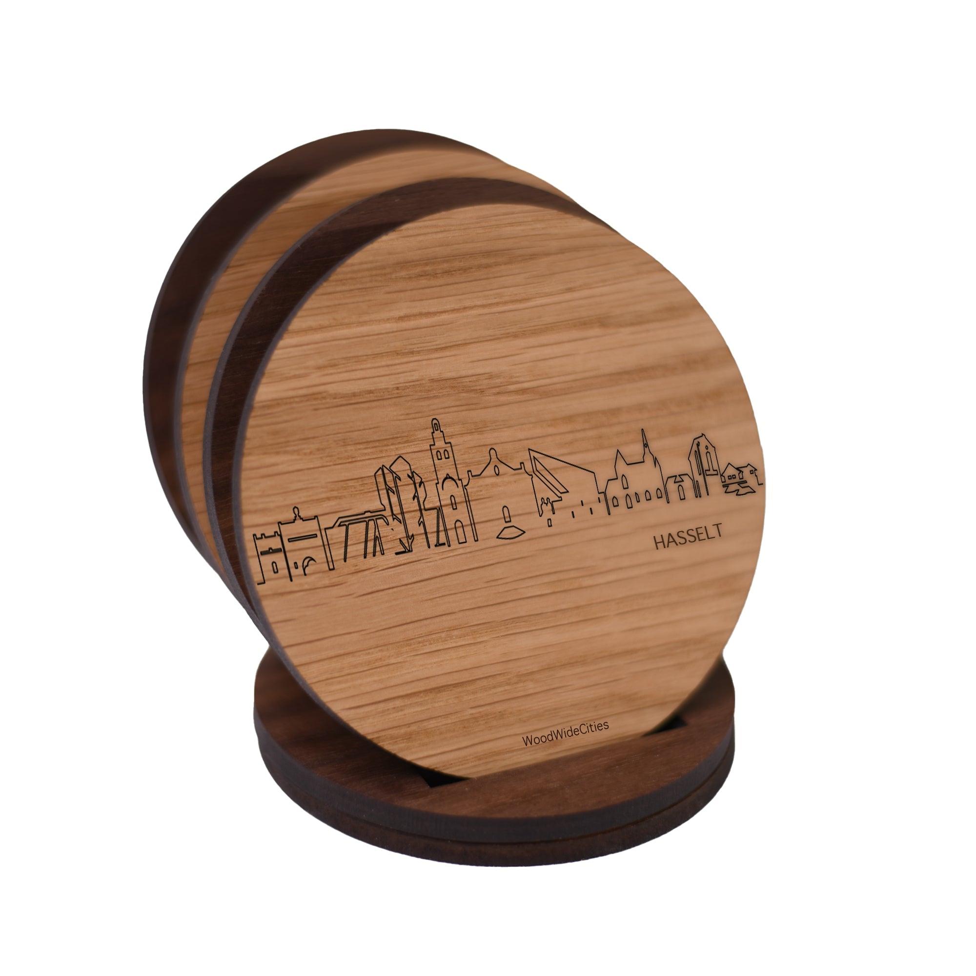 Skyline Onderzetters Hasselt Eiken en noten houten cadeau decoratie relatiegeschenk van WoodWideCities