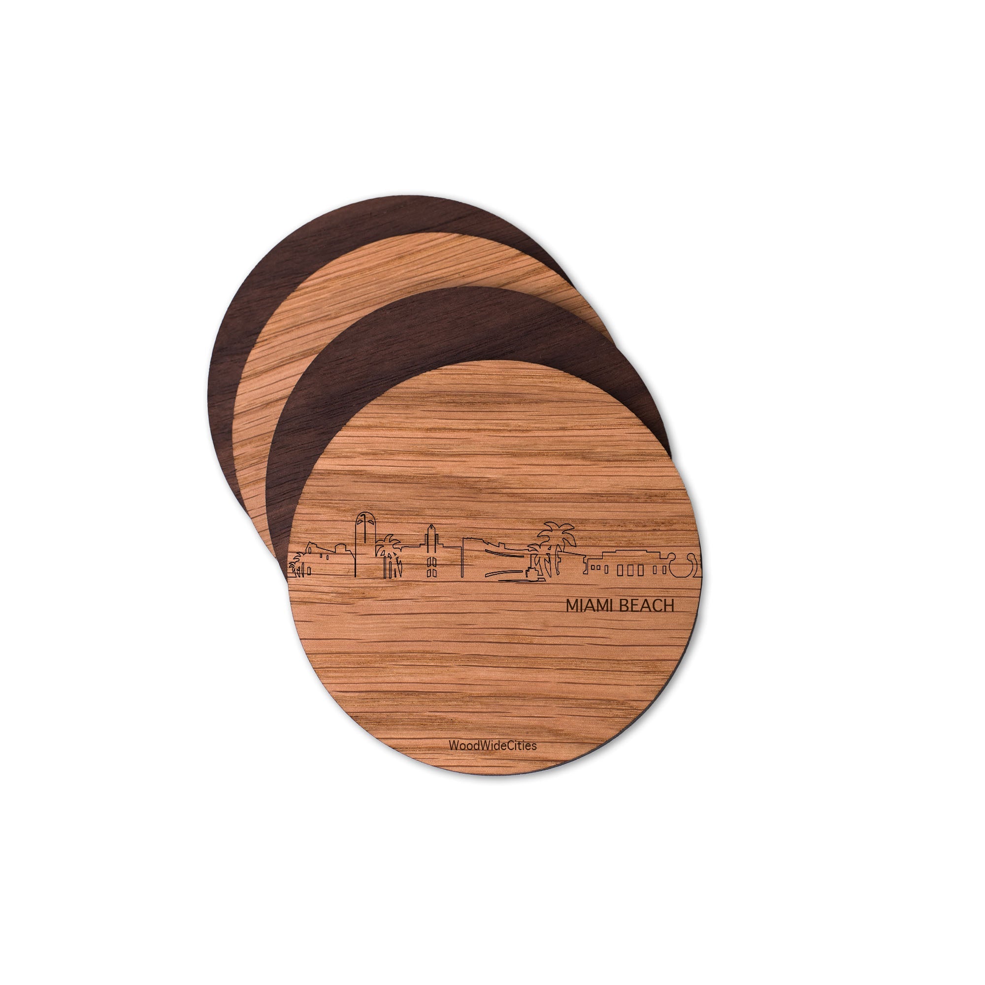 Skyline Onderzetters Miami-beach Eiken en noten houten cadeau decoratie relatiegeschenk van WoodWideCities