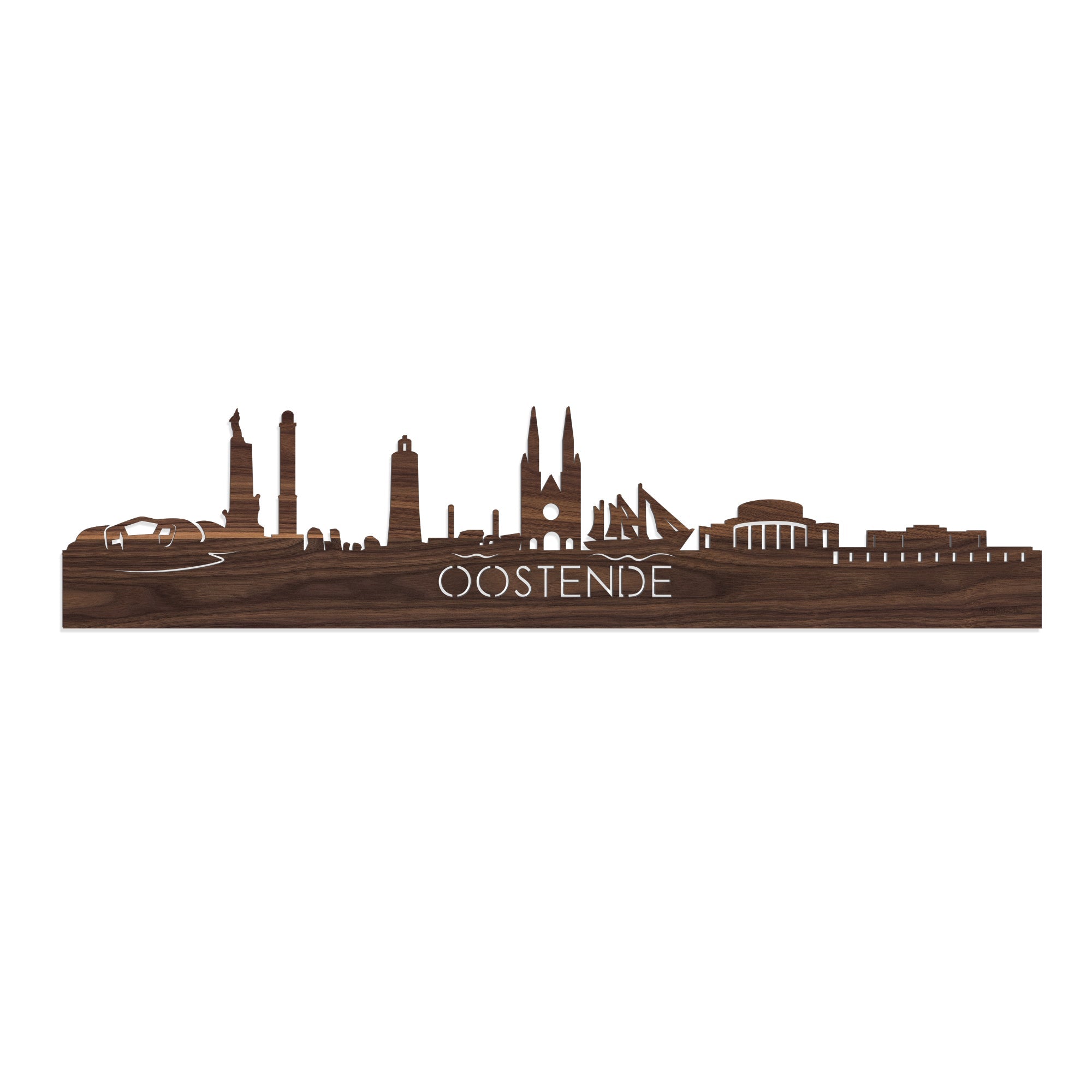 Skyline Oostende Noten houten cadeau decoratie relatiegeschenk van WoodWideCities