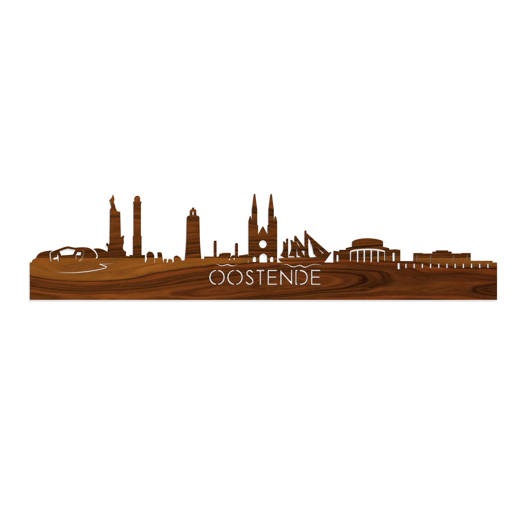 Skyline Oostende Palissander houten cadeau decoratie relatiegeschenk van WoodWideCities