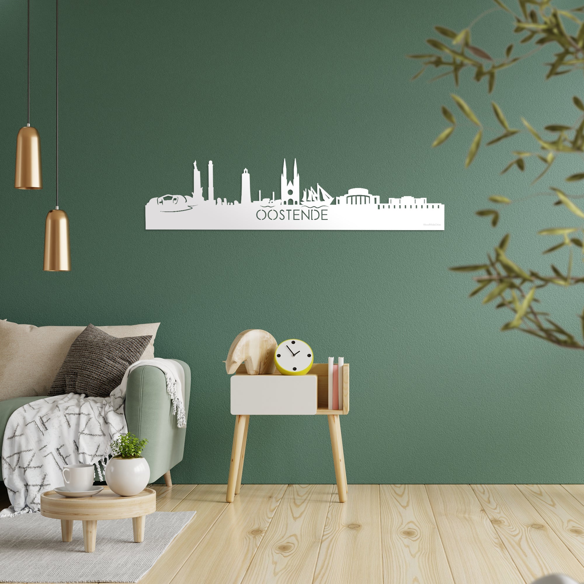 Skyline Oostende Wit glanzend gerecycled kunststof cadeau decoratie relatiegeschenk van WoodWideCities