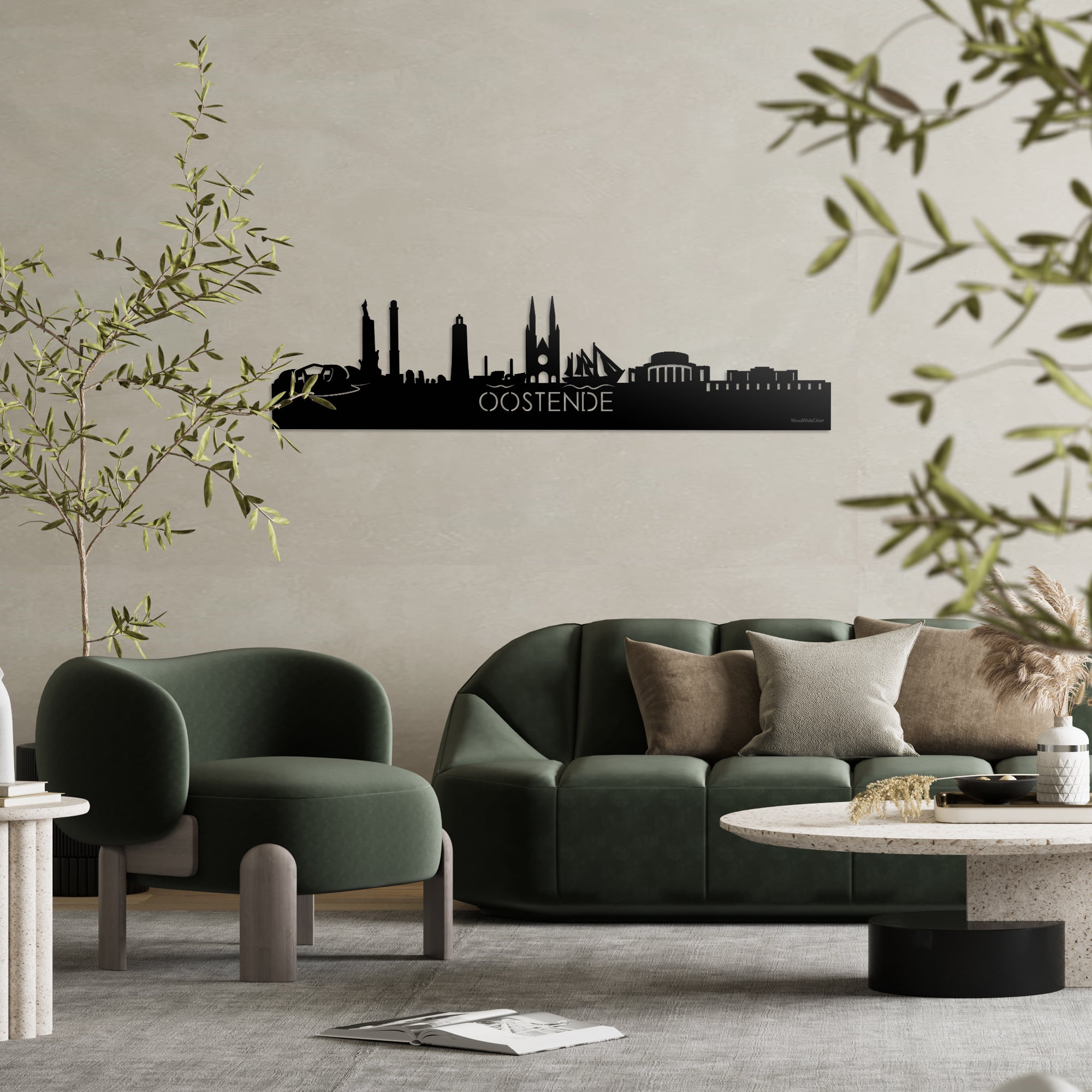 Skyline Oostende Zwart glanzend gerecycled kunststof cadeau decoratie relatiegeschenk van WoodWideCities