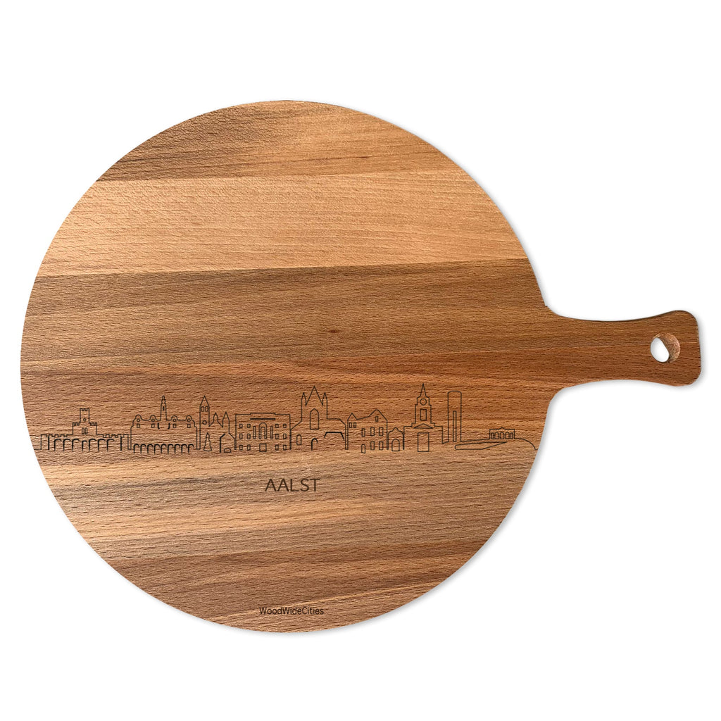 Skyline Serveerplank Rond Aalst houten cadeau decoratie relatiegeschenk van WoodWideCities