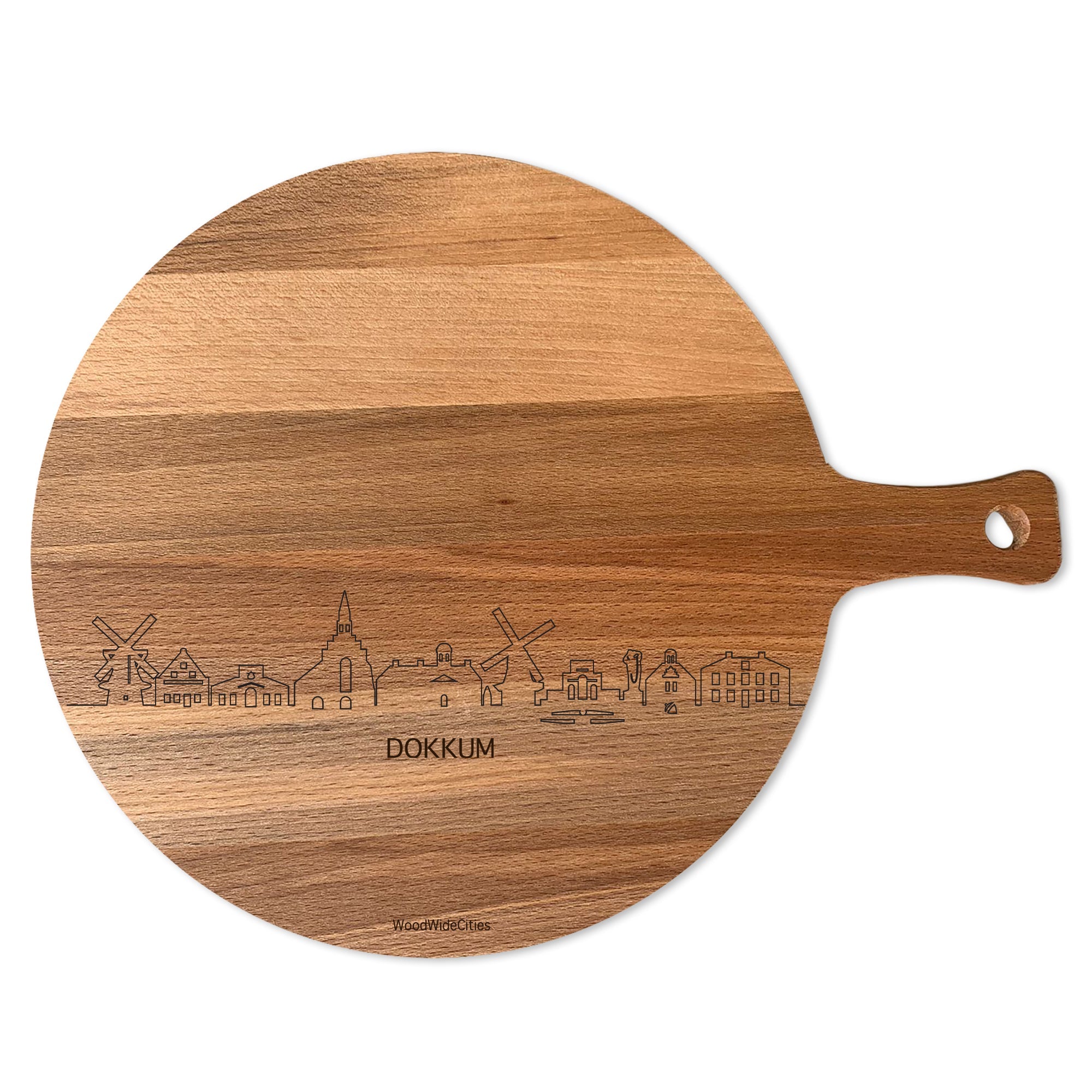 Skyline Serveerplank Rond Dokkum houten cadeau decoratie relatiegeschenk van WoodWideCities