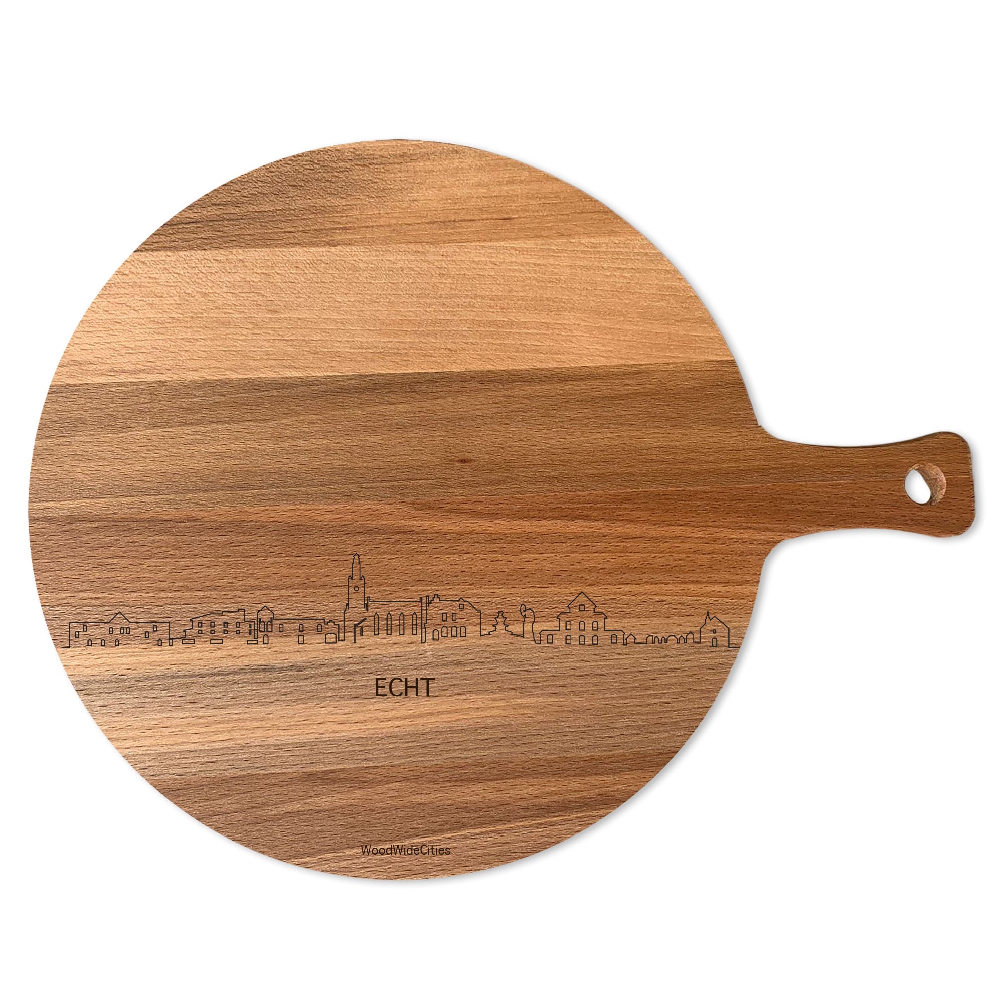 Skyline Serveerplank Rond Echt houten cadeau decoratie relatiegeschenk van WoodWideCities