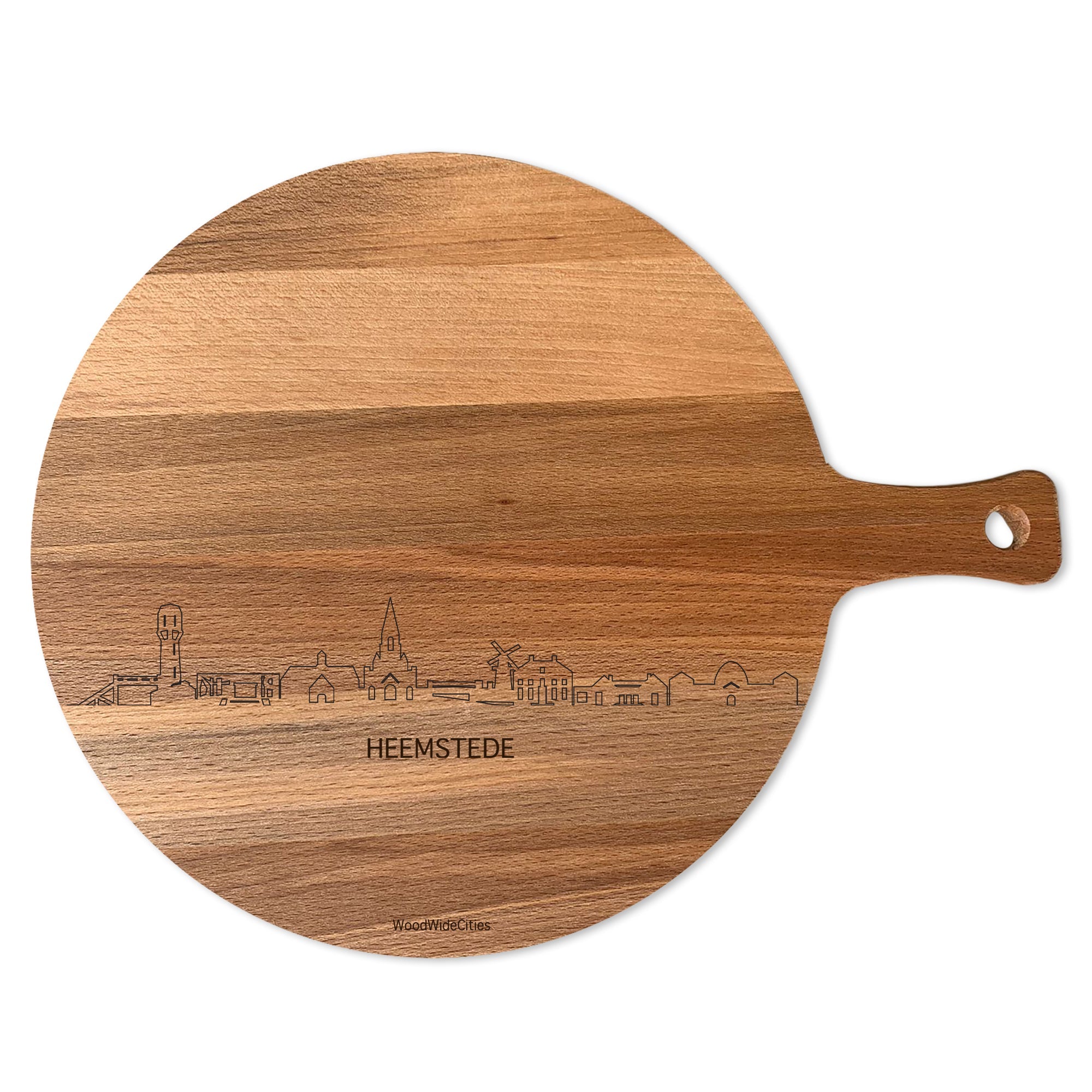 Skyline Serveerplank Rond Heemstede houten cadeau decoratie relatiegeschenk van WoodWideCities