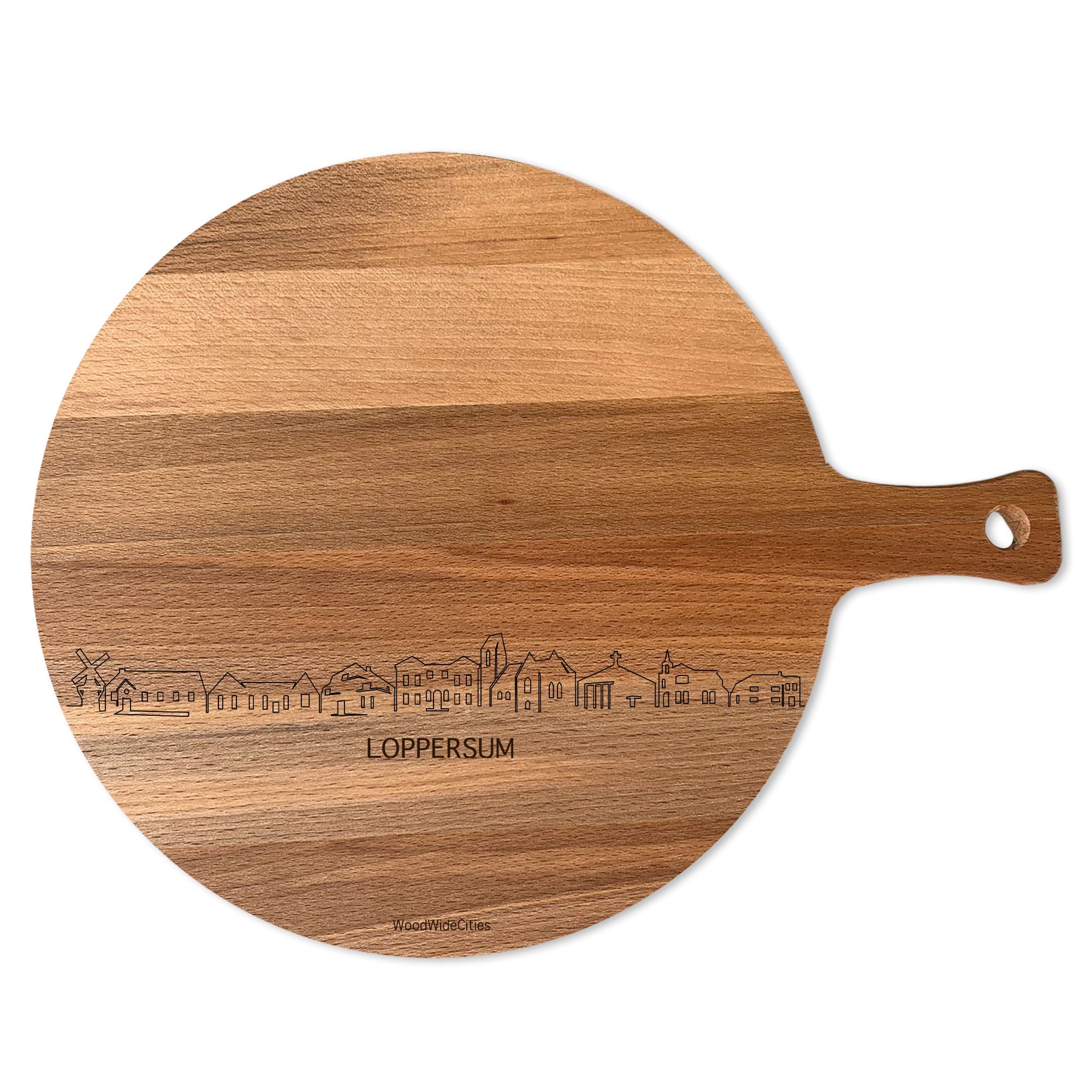 Skyline Serveerplank Rond Loppersum houten cadeau decoratie relatiegeschenk van WoodWideCities