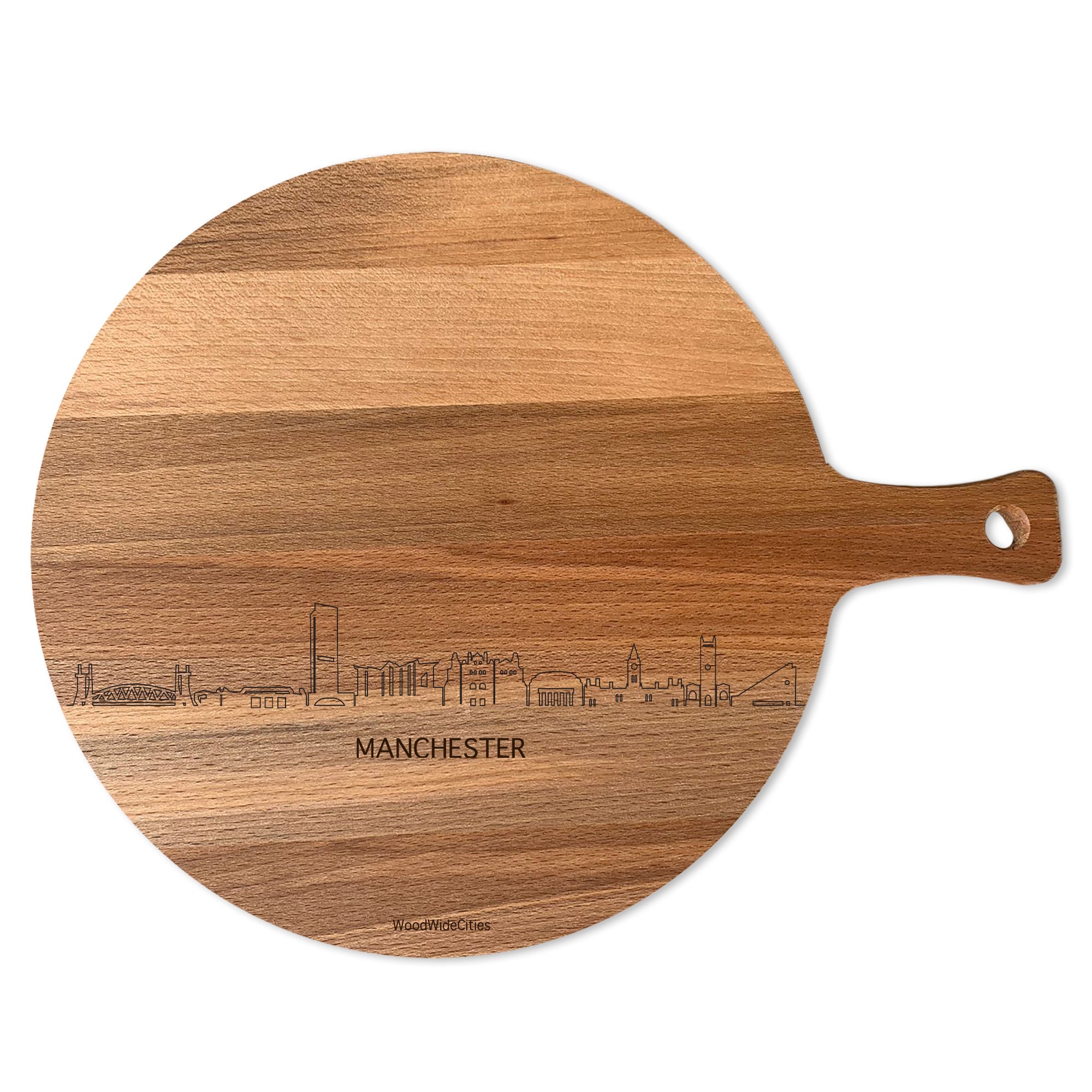 Skyline Serveerplank Rond Manchester houten cadeau decoratie relatiegeschenk van WoodWideCities