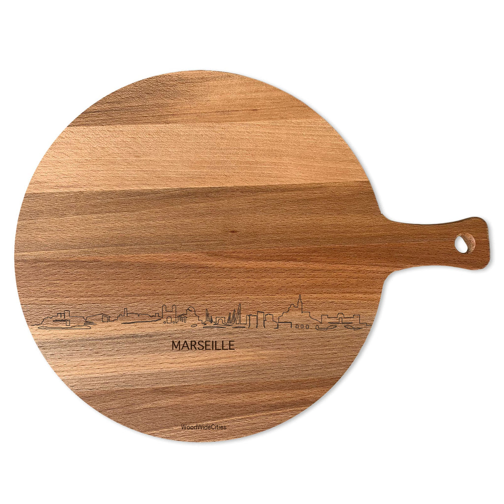 Skyline Serveerplank Rond Marseille houten cadeau decoratie relatiegeschenk van WoodWideCities