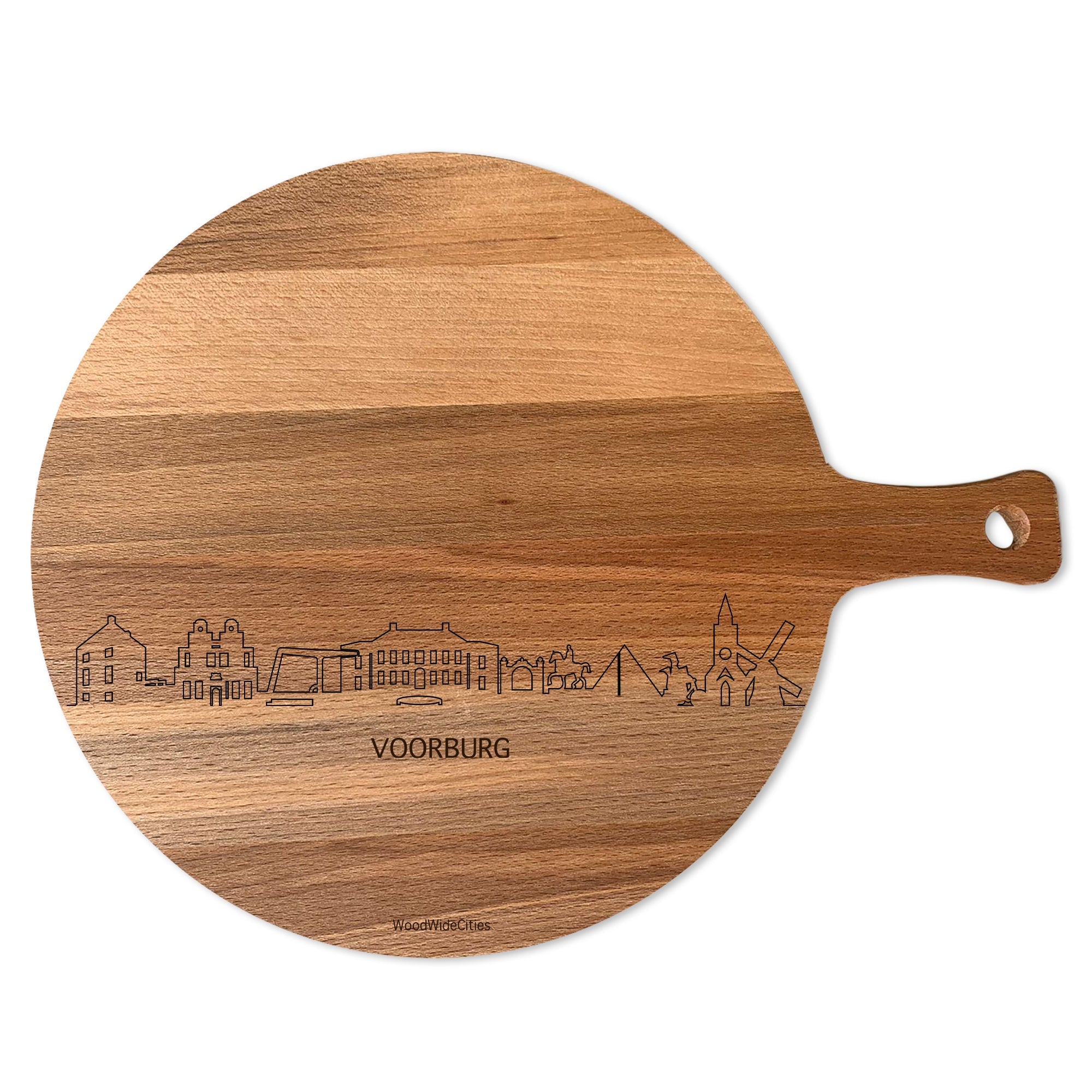 Skyline Serveerplank Rond Voorburg houten cadeau decoratie relatiegeschenk van WoodWideCities