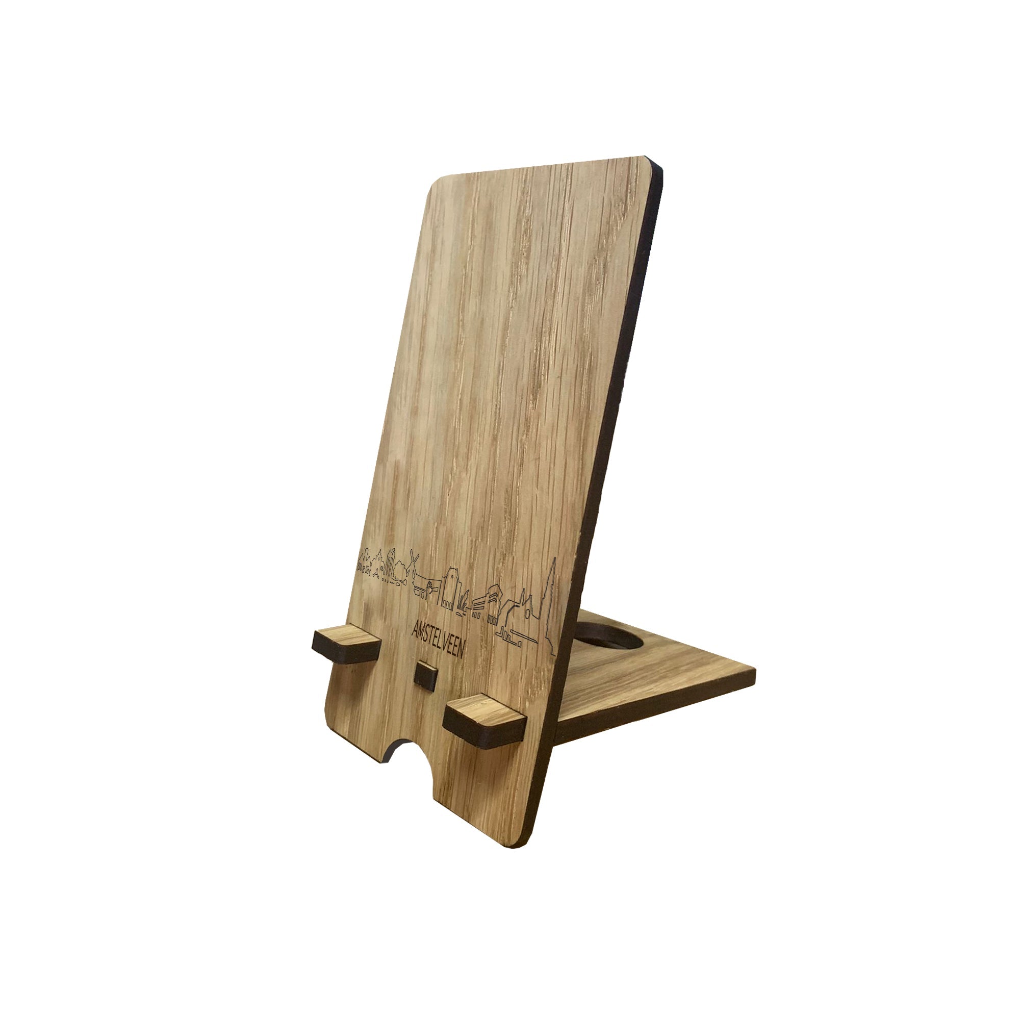 Skyline Telefoonhouder Amstelveen Eiken houten cadeau decoratie relatiegeschenk van WoodWideCities