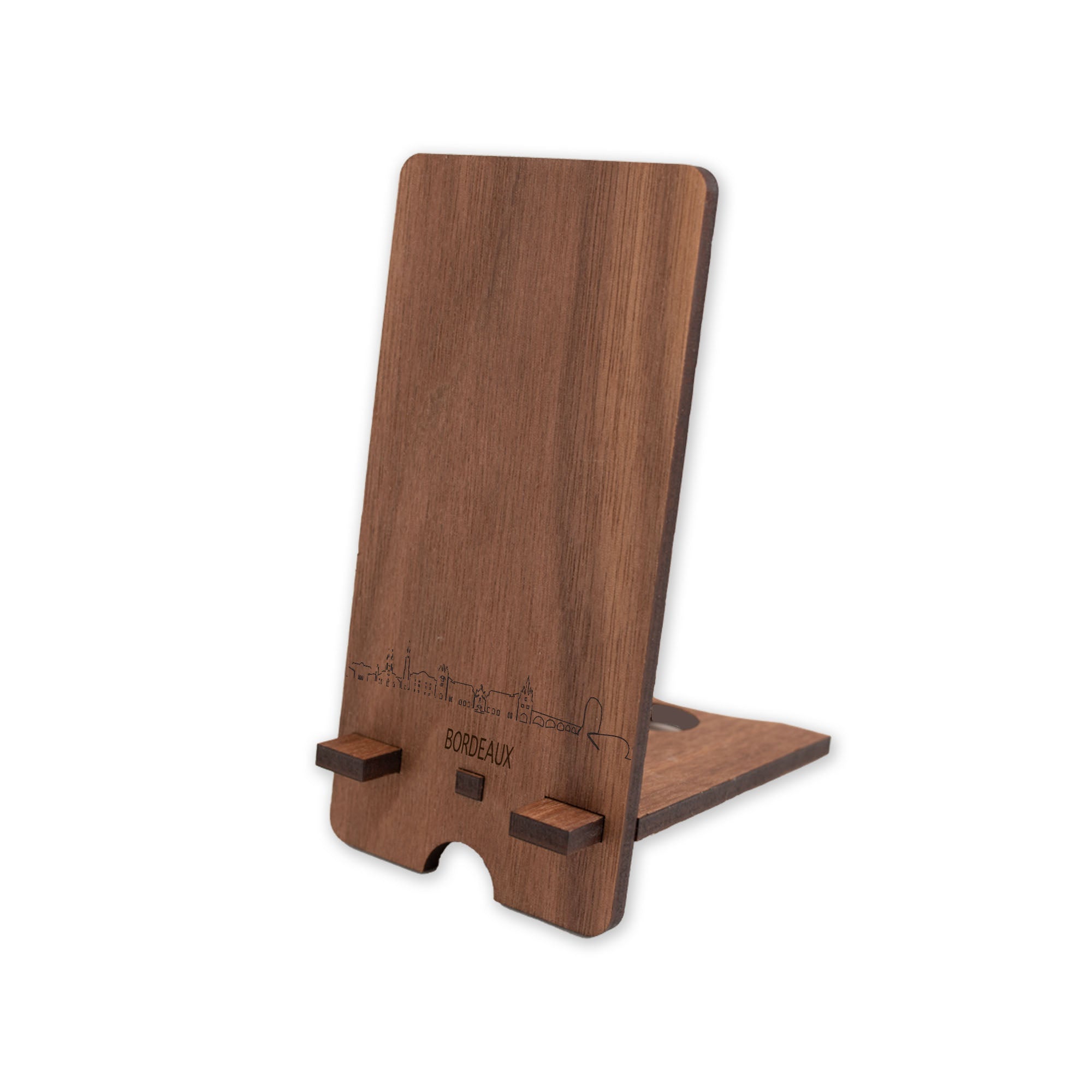 Skyline Telefoonhouder Bordeaux houten cadeau decoratie relatiegeschenk van WoodWideCities