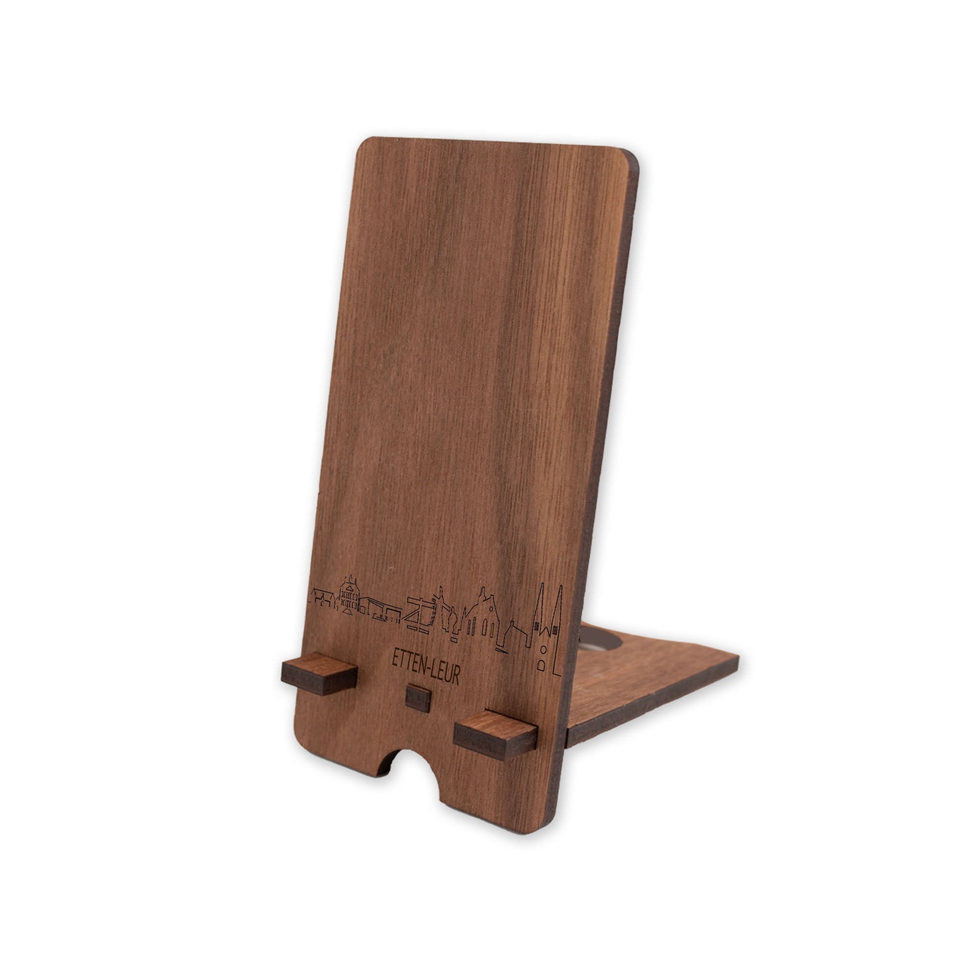 Skyline Telefoonhouder Etten-Leur houten cadeau decoratie relatiegeschenk van WoodWideCities