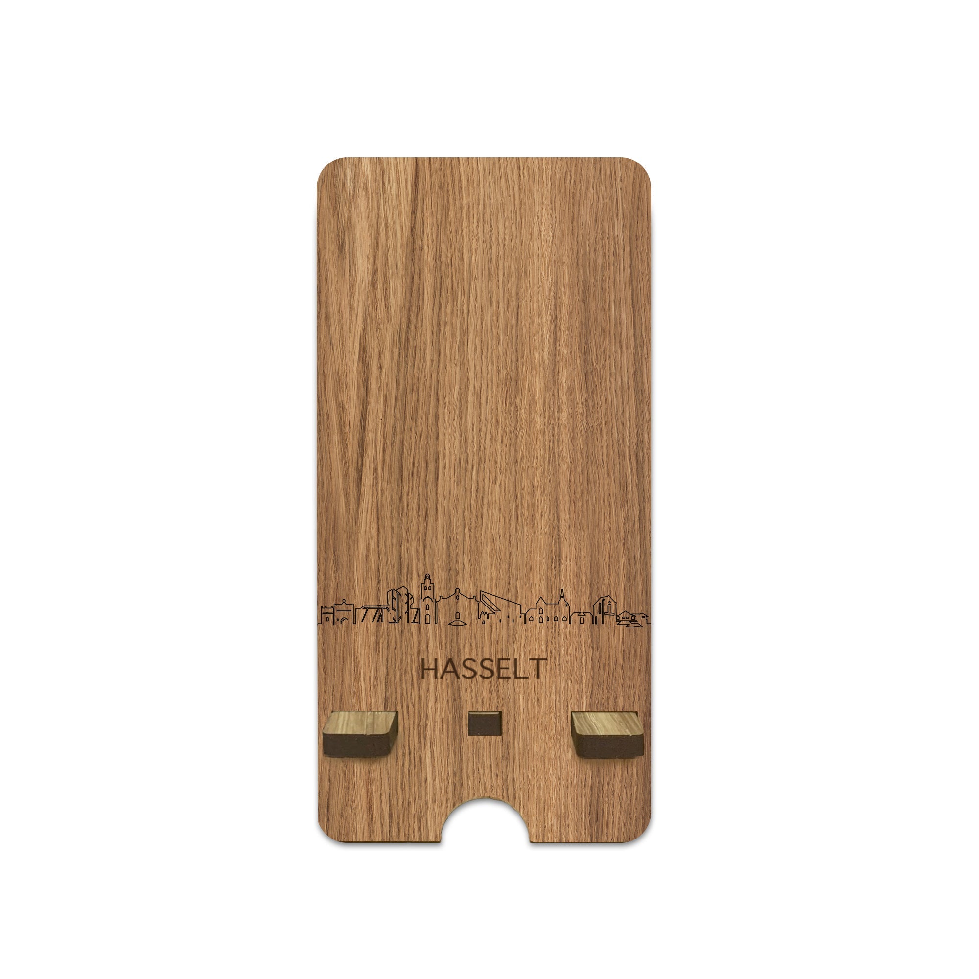 Skyline Telefoonhouder Hasselt houten cadeau decoratie relatiegeschenk van WoodWideCities