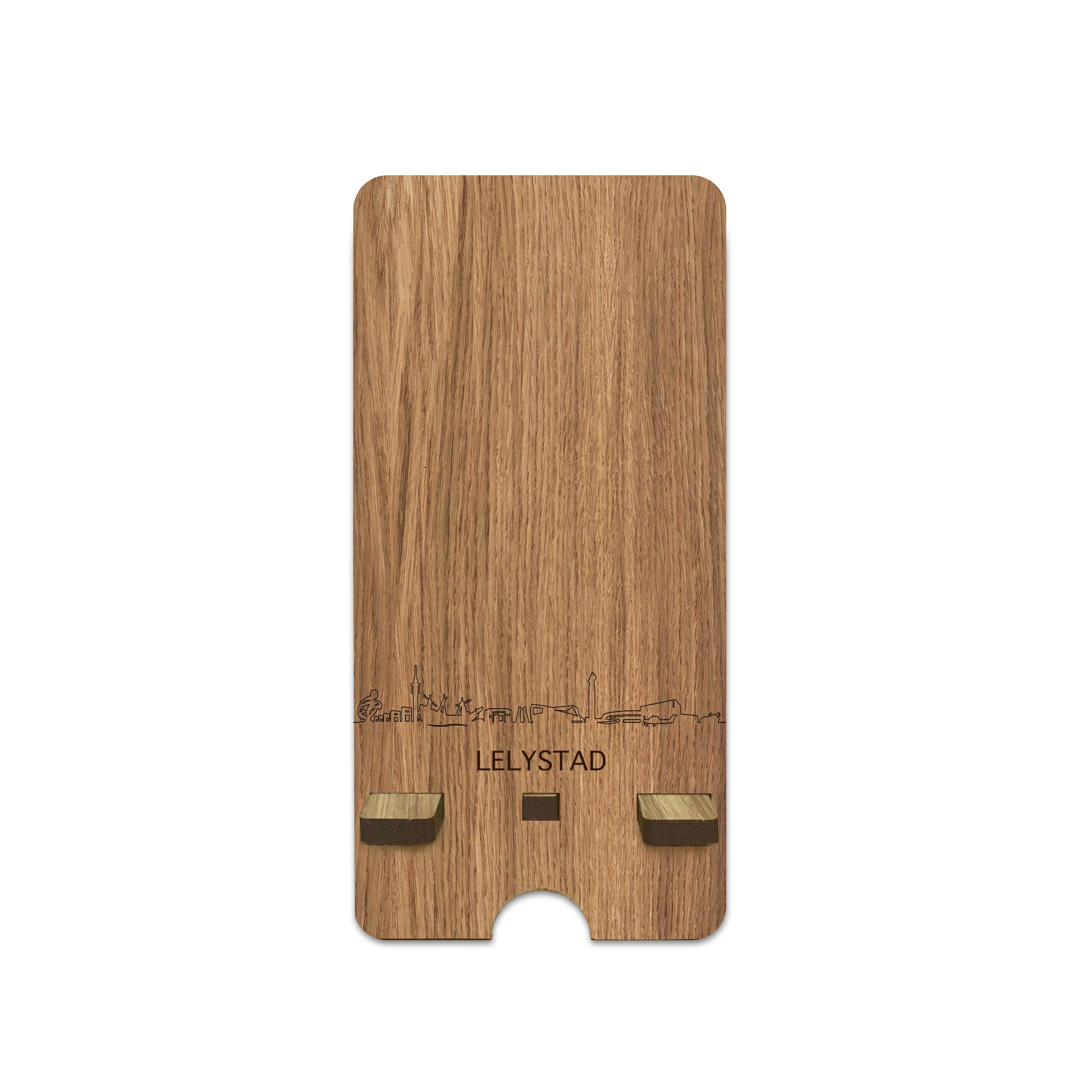 Skyline Telefoonhouder Lelystad houten cadeau decoratie relatiegeschenk van WoodWideCities