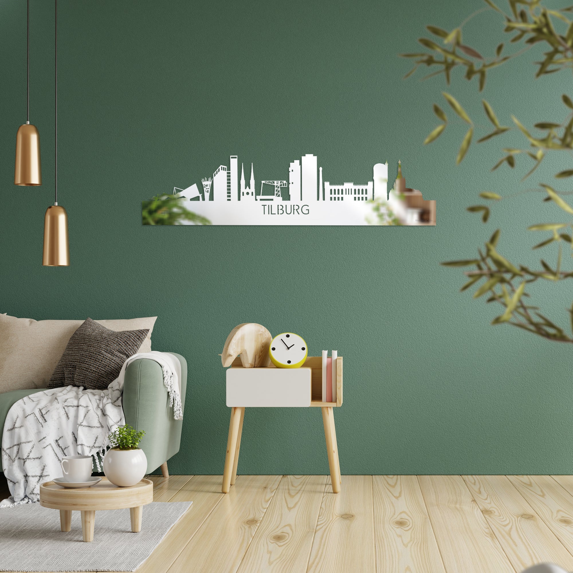 Skyline Tilburg Spiegel houten cadeau decoratie relatiegeschenk van WoodWideCities