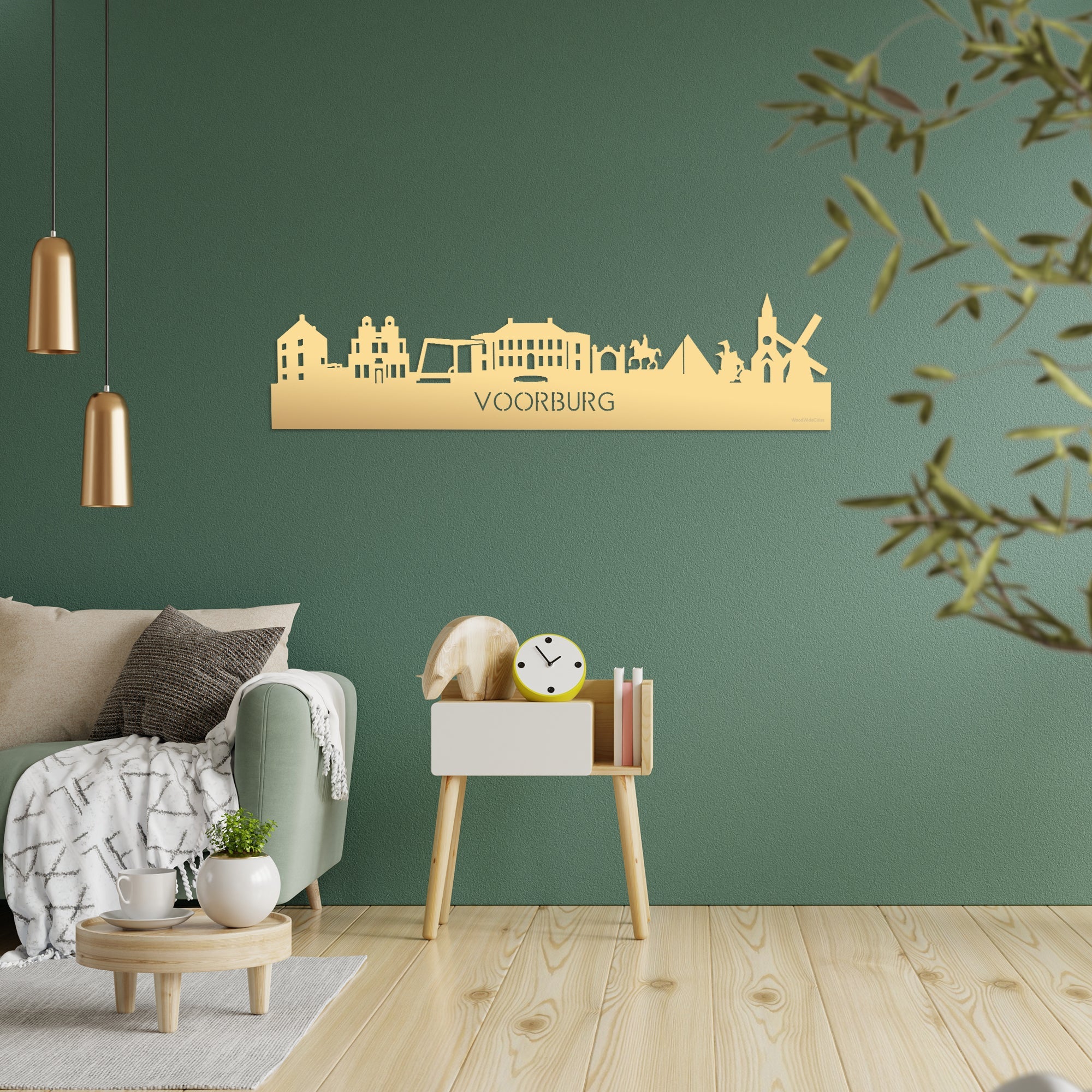 Skyline Voorburg Metallic Goud gerecycled kunststof cadeau decoratie relatiegeschenk van WoodWideCities