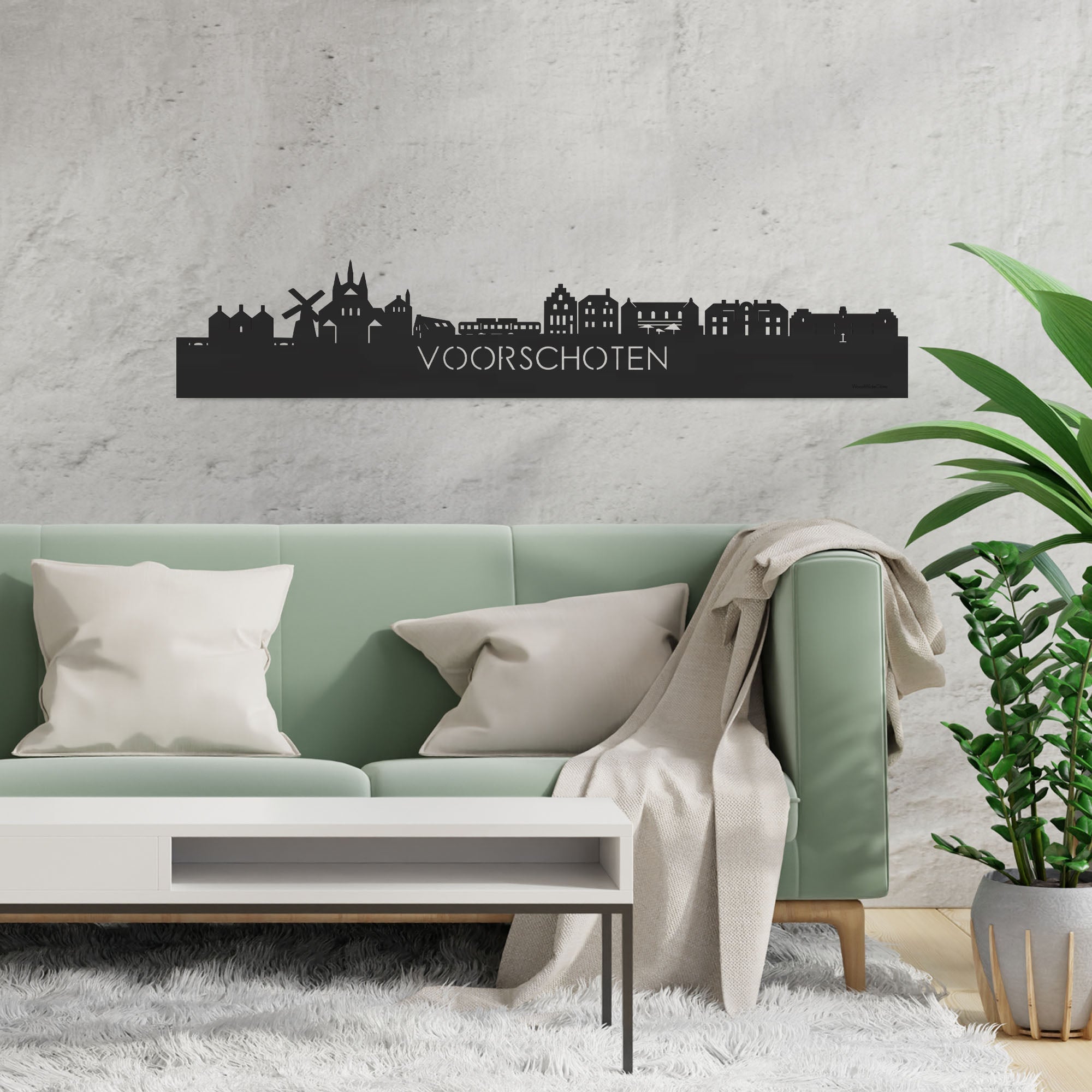 Skyline Voorschoten Zwart houten cadeau decoratie relatiegeschenk van WoodWideCities