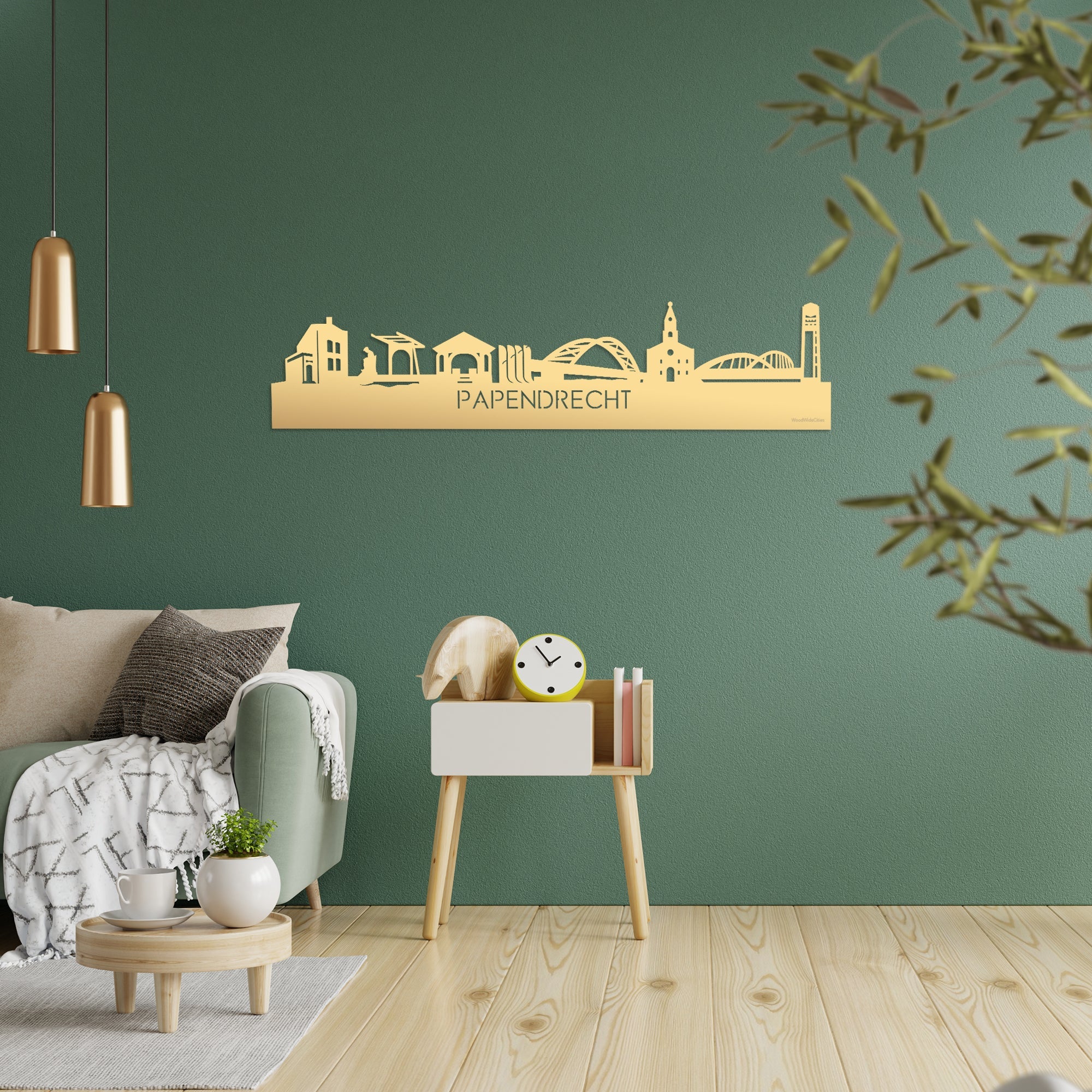 Skyline papendrecht Metallic Goud gerecycled kunststof cadeau decoratie relatiegeschenk van WoodWideCities