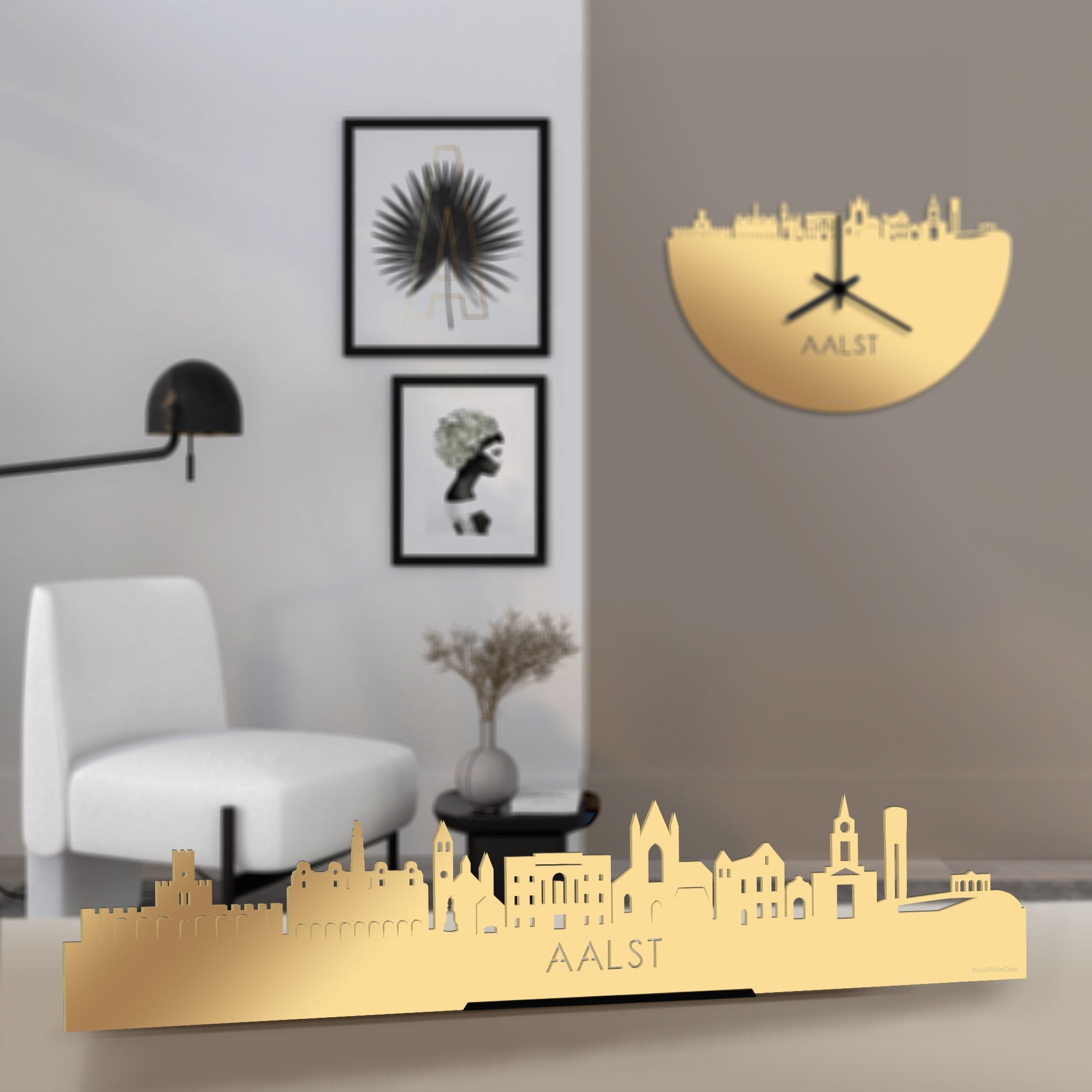 Standing Skyline Aalst Metallic Goud gerecycled kunststof cadeau decoratie relatiegeschenk van WoodWideCities