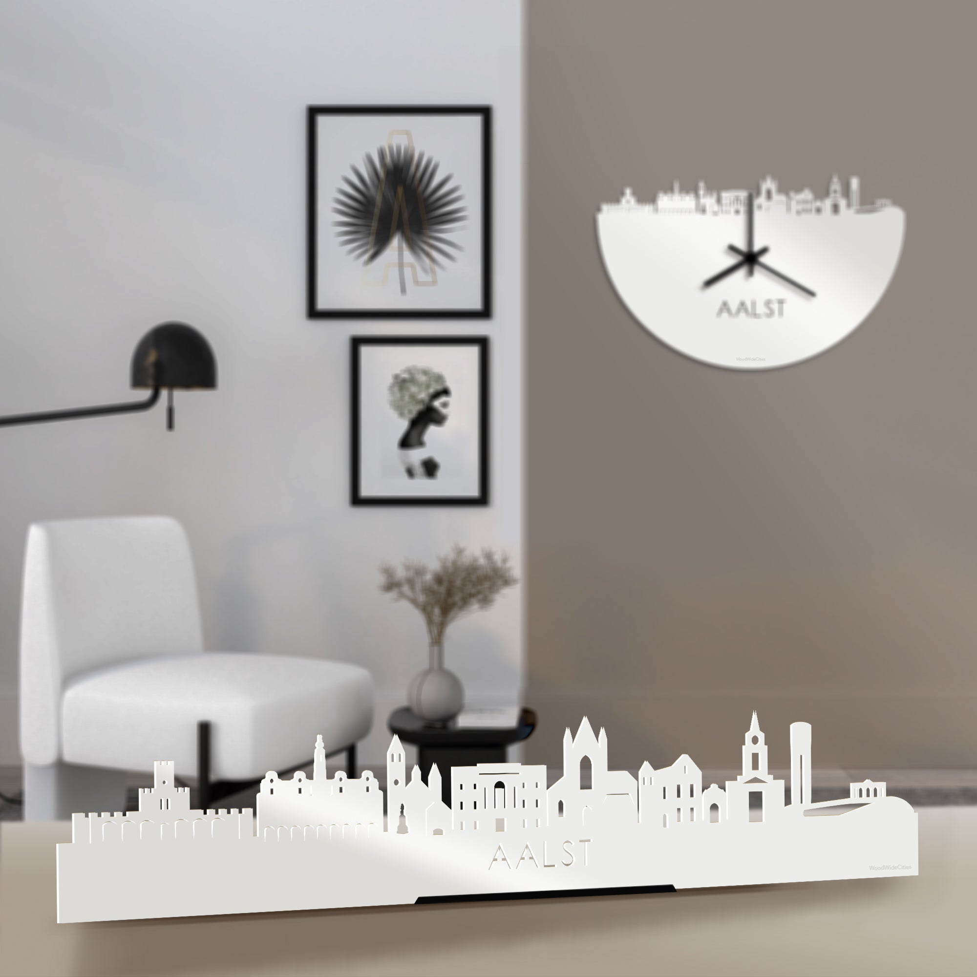 Standing Skyline Aalst Wit glanzend gerecycled kunststof cadeau decoratie relatiegeschenk van WoodWideCities