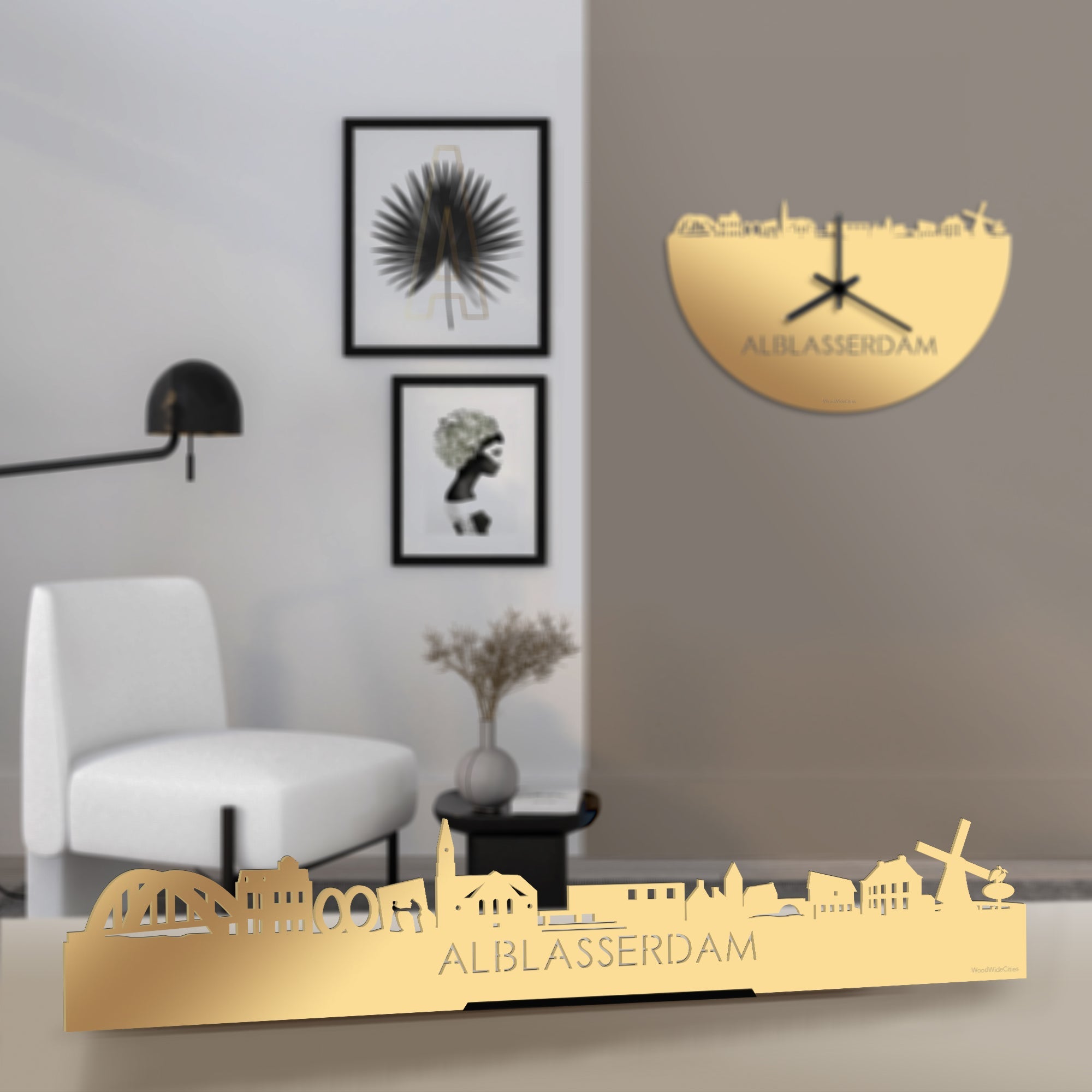 Standing Skyline Alblasserdam Metallic Goud gerecycled kunststof cadeau decoratie relatiegeschenk van WoodWideCities