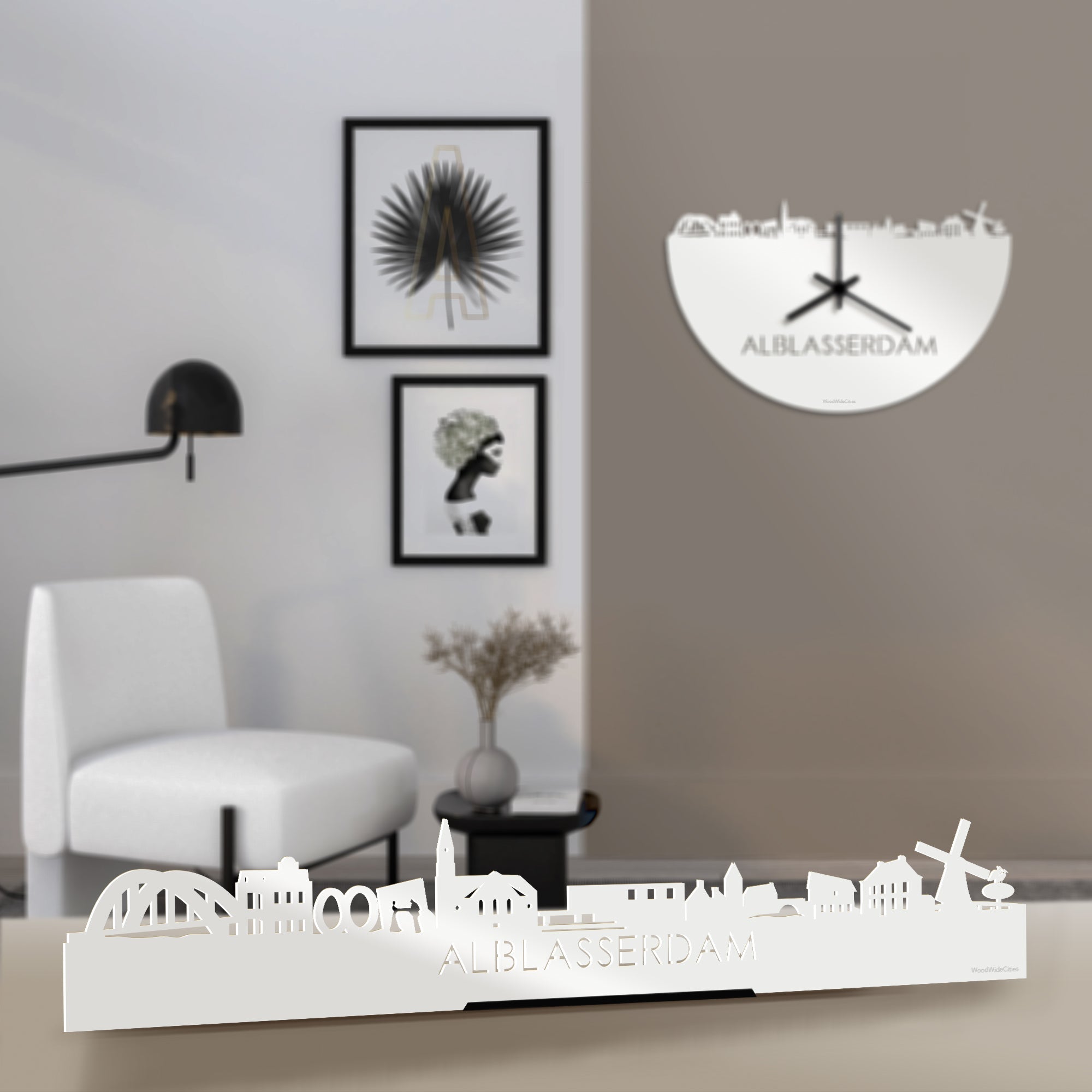 Standing Skyline Alblasserdam Wit glanzend gerecycled kunststof cadeau decoratie relatiegeschenk van WoodWideCities