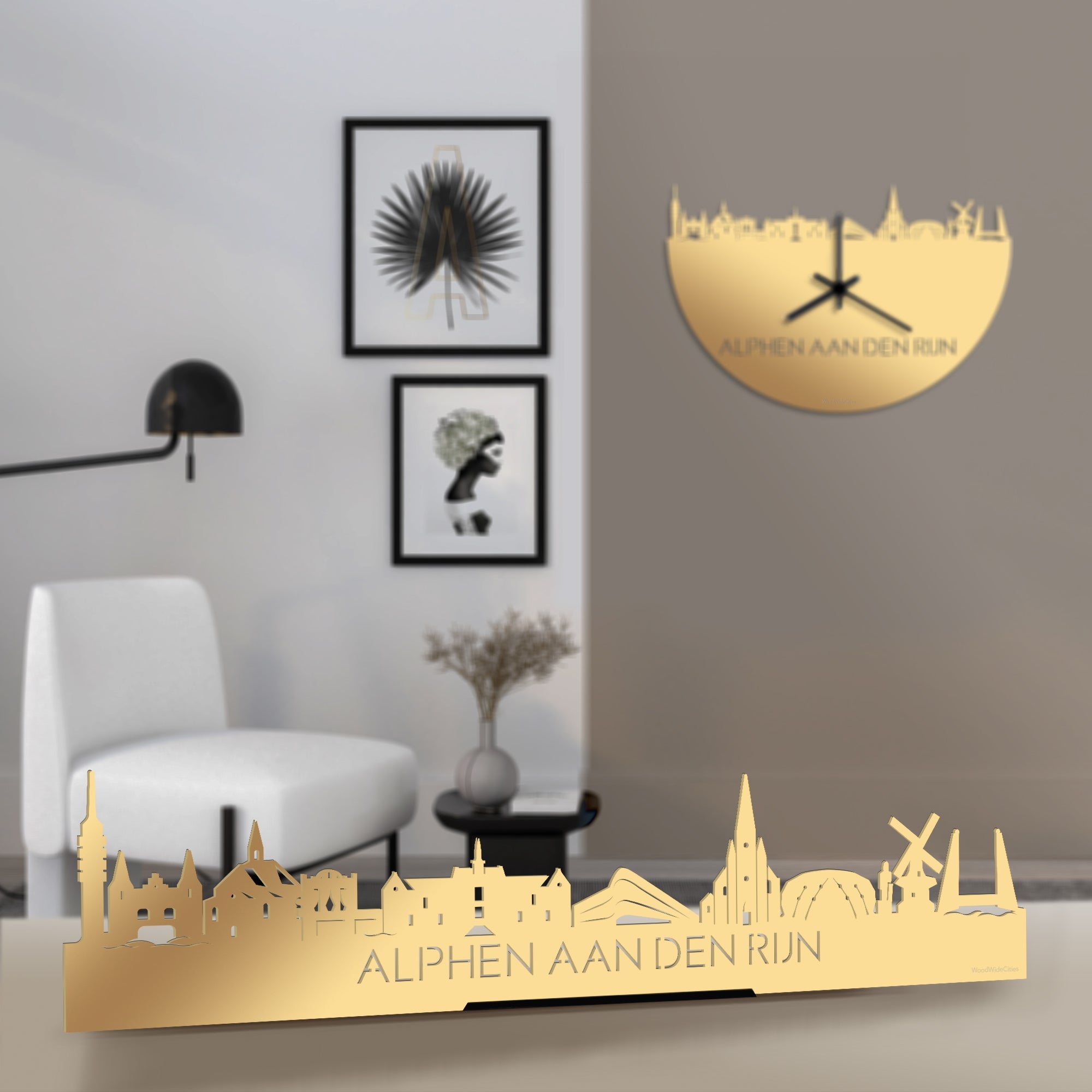 Standing Skyline Alphen aan den Rijn Metallic Goud gerecycled kunststof cadeau decoratie relatiegeschenk van WoodWideCities