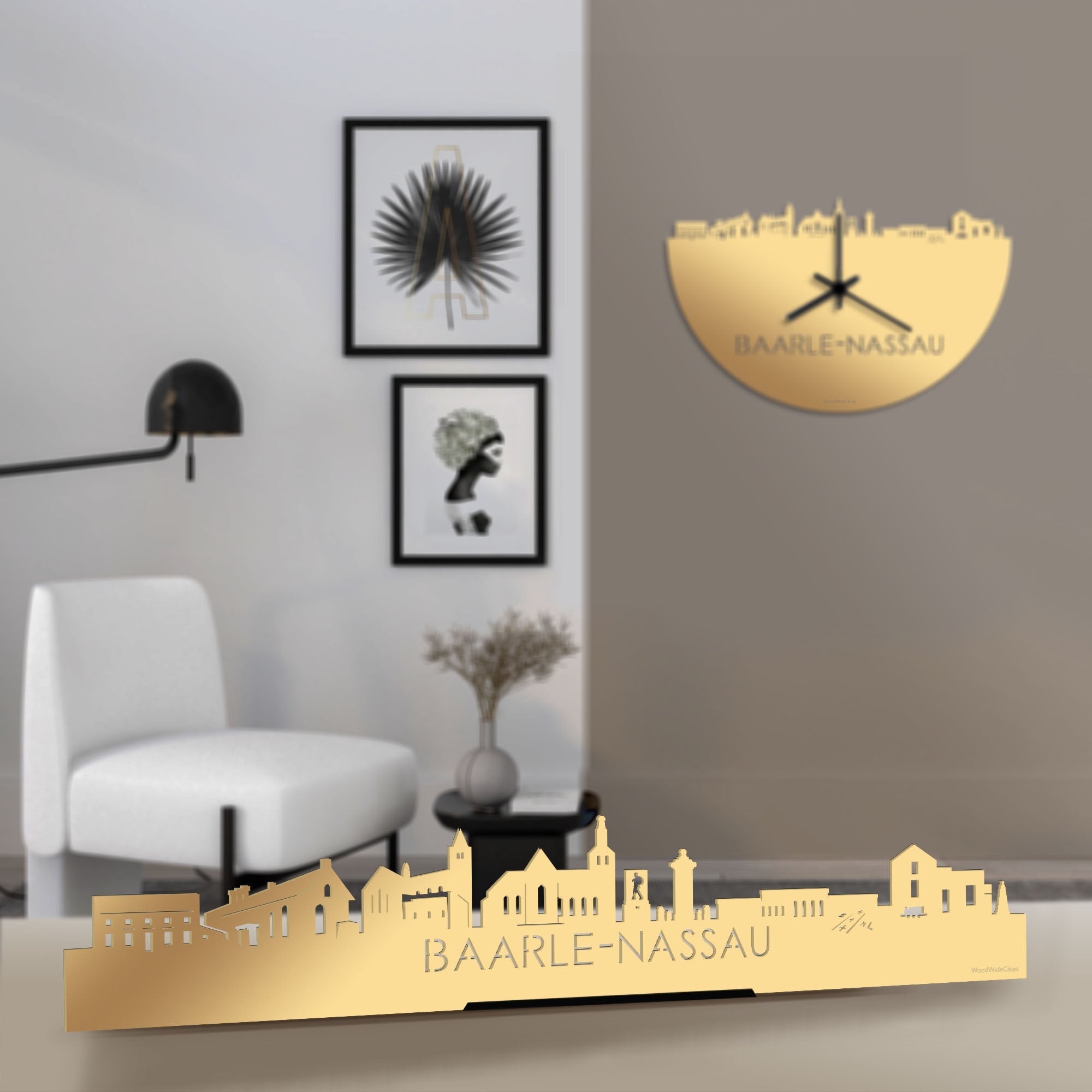 Standing Skyline Baarle-Nassau Metallic Goud gerecycled kunststof cadeau decoratie relatiegeschenk van WoodWideCities