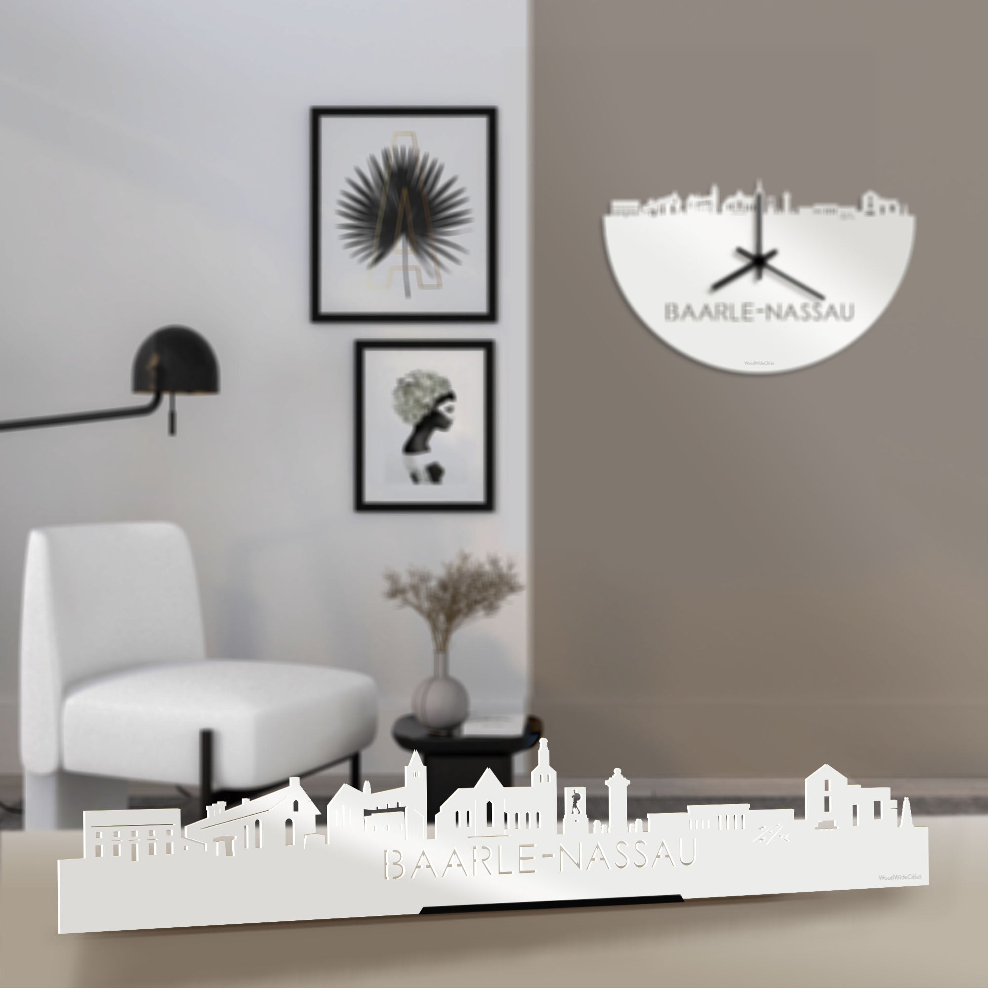 Standing Skyline Baarle-Nassau Wit glanzend gerecycled kunststof cadeau decoratie relatiegeschenk van WoodWideCities