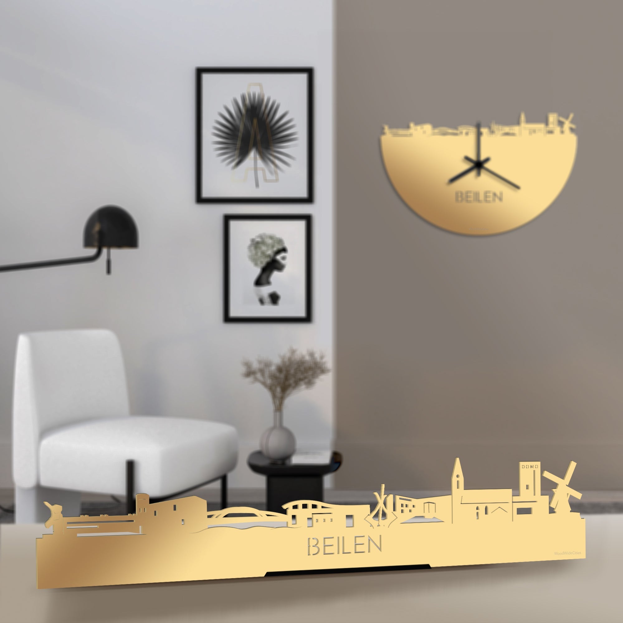 Standing Skyline Beilen Metallic Goud gerecycled kunststof cadeau decoratie relatiegeschenk van WoodWideCities