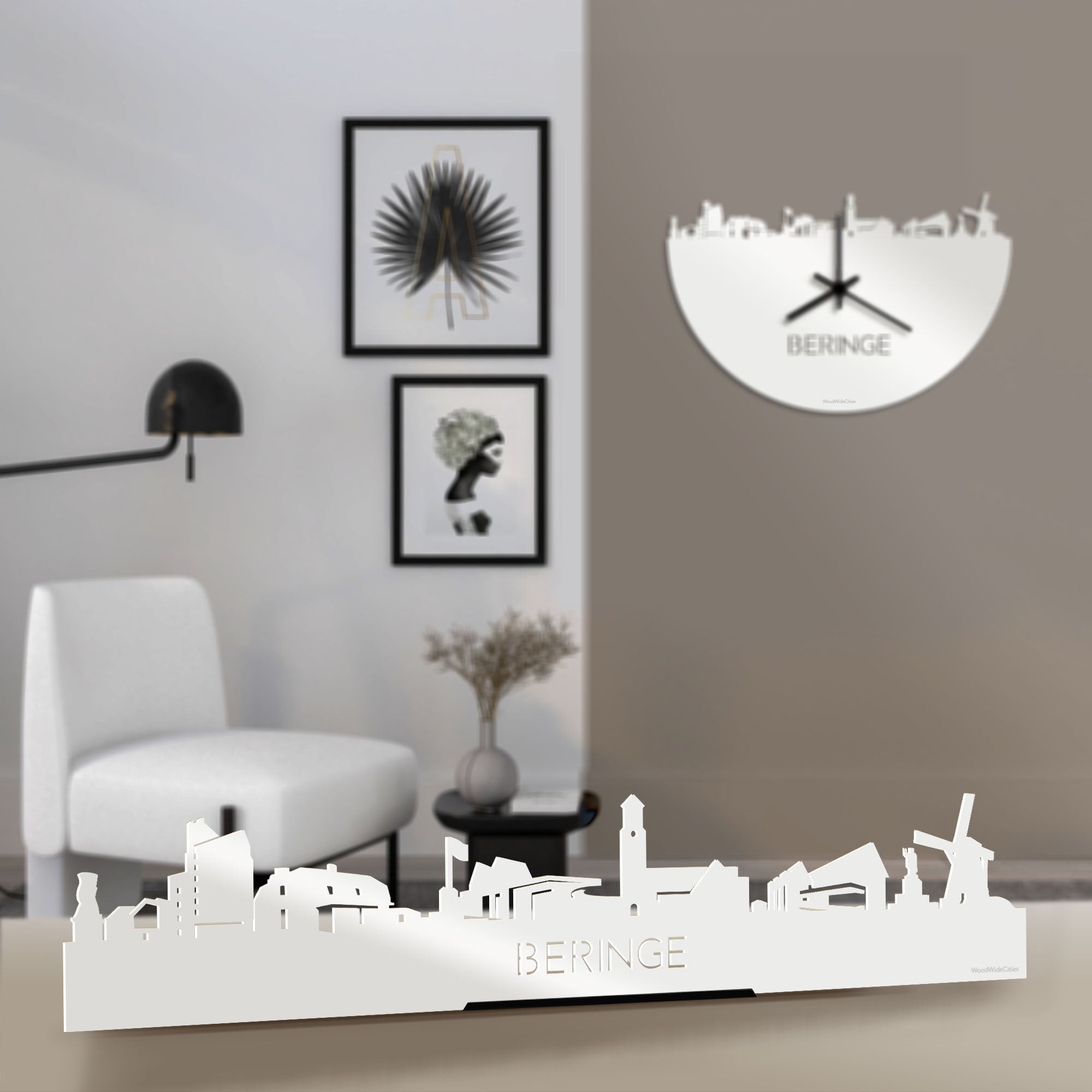 Standing Skyline Beringe Wit glanzend gerecycled kunststof cadeau decoratie relatiegeschenk van WoodWideCities