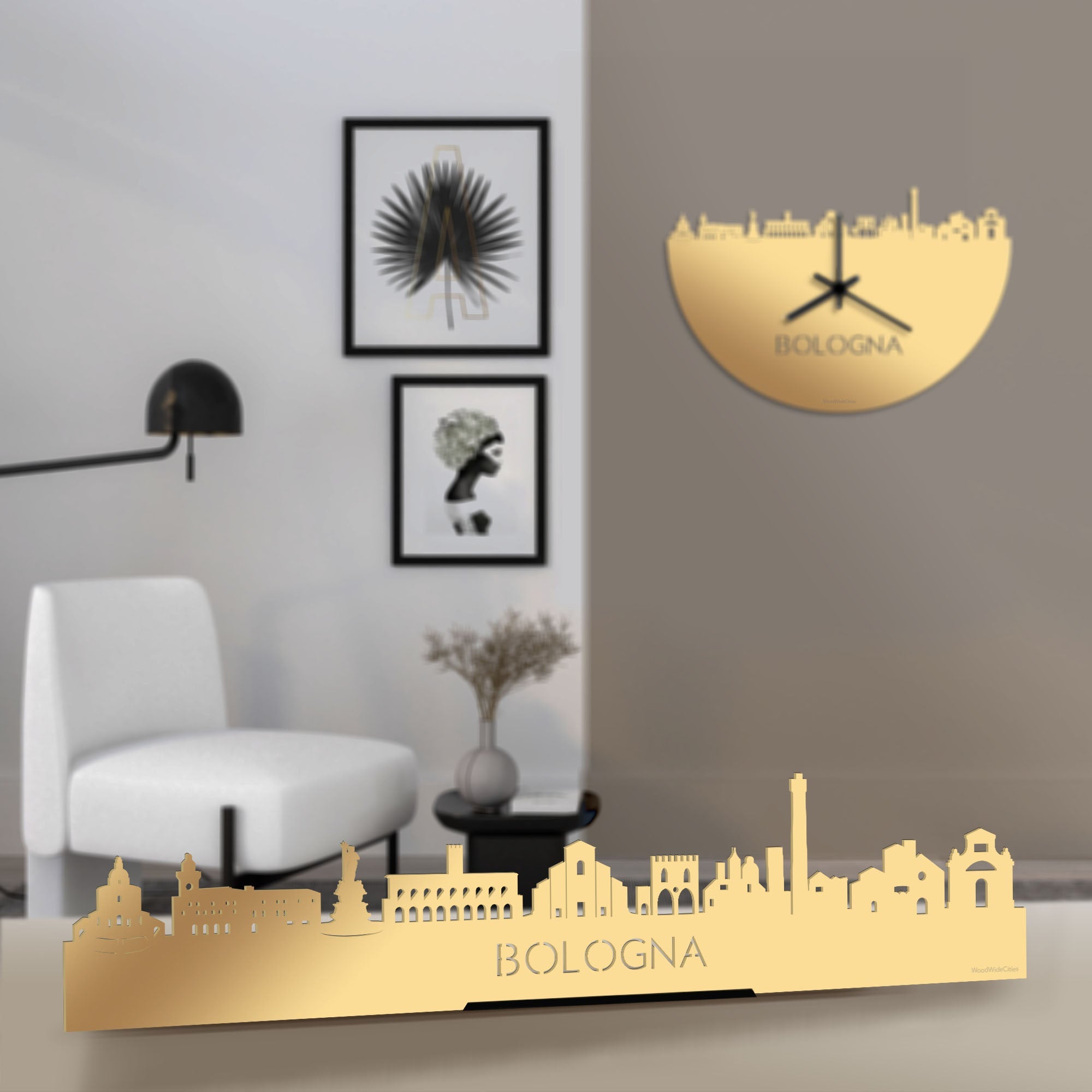 Standing Skyline Bologna Metallic Goud gerecycled kunststof cadeau decoratie relatiegeschenk van WoodWideCities