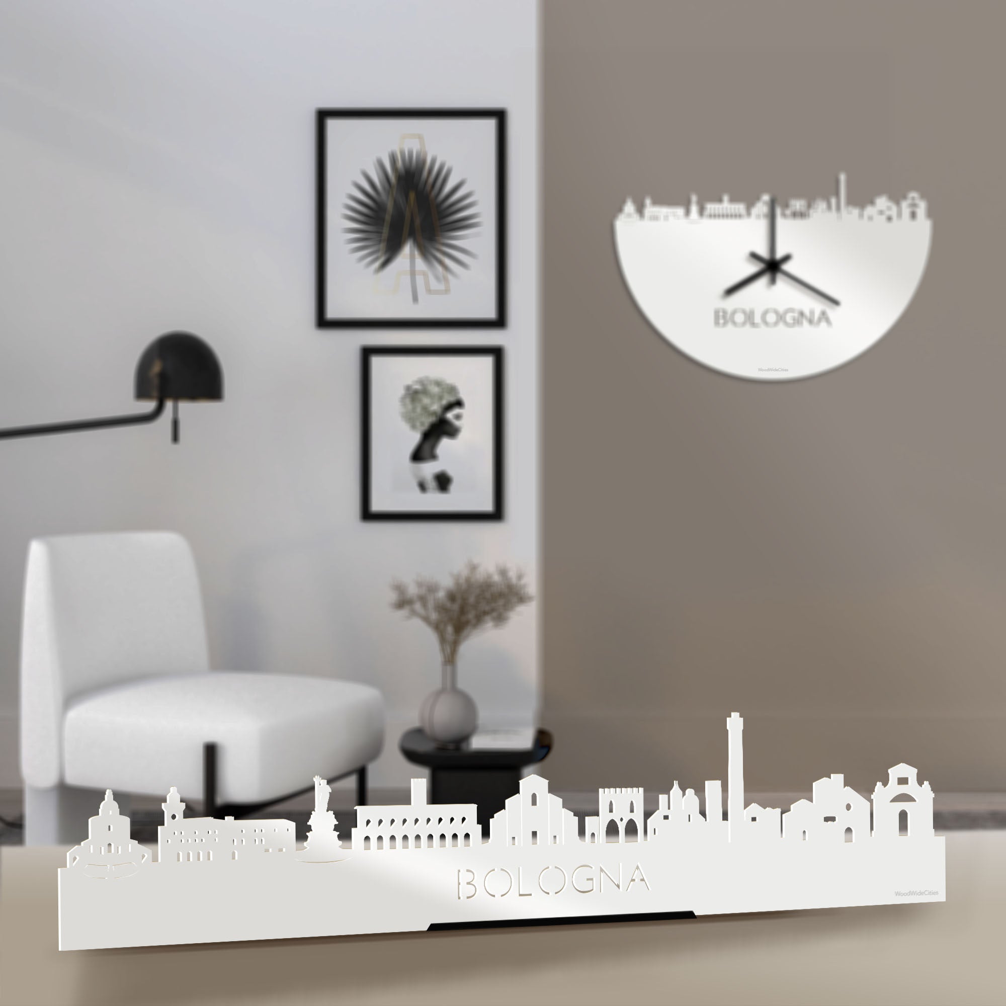 Standing Skyline Bologna Wit glanzend gerecycled kunststof cadeau decoratie relatiegeschenk van WoodWideCities