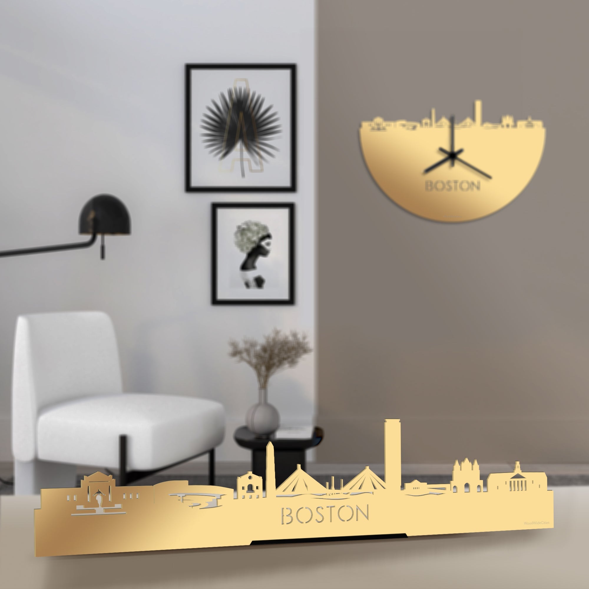 Standing Skyline Boston Metallic Goud gerecycled kunststof cadeau decoratie relatiegeschenk van WoodWideCities