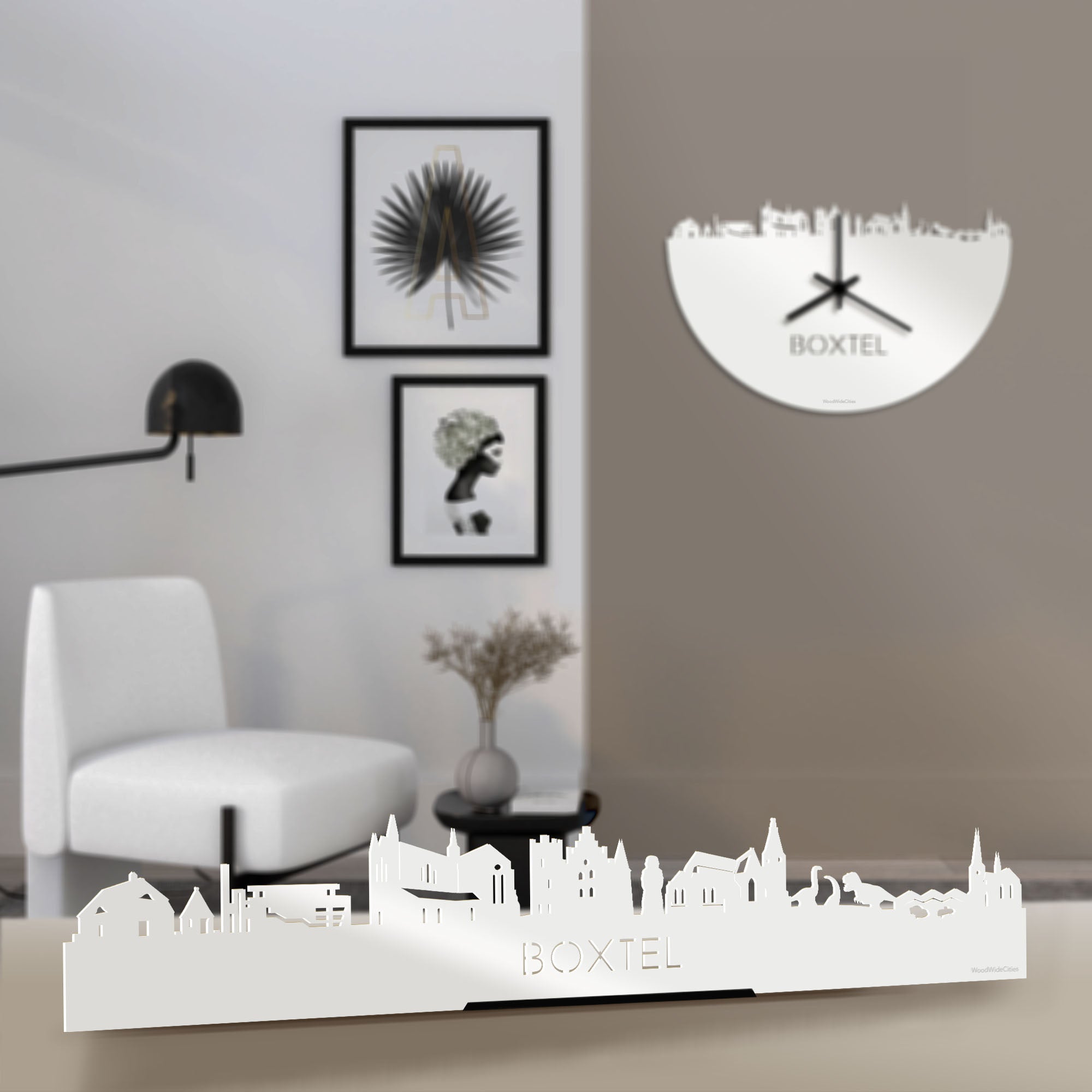 Standing Skyline Boxtel Wit glanzend gerecycled kunststof cadeau decoratie relatiegeschenk van WoodWideCities