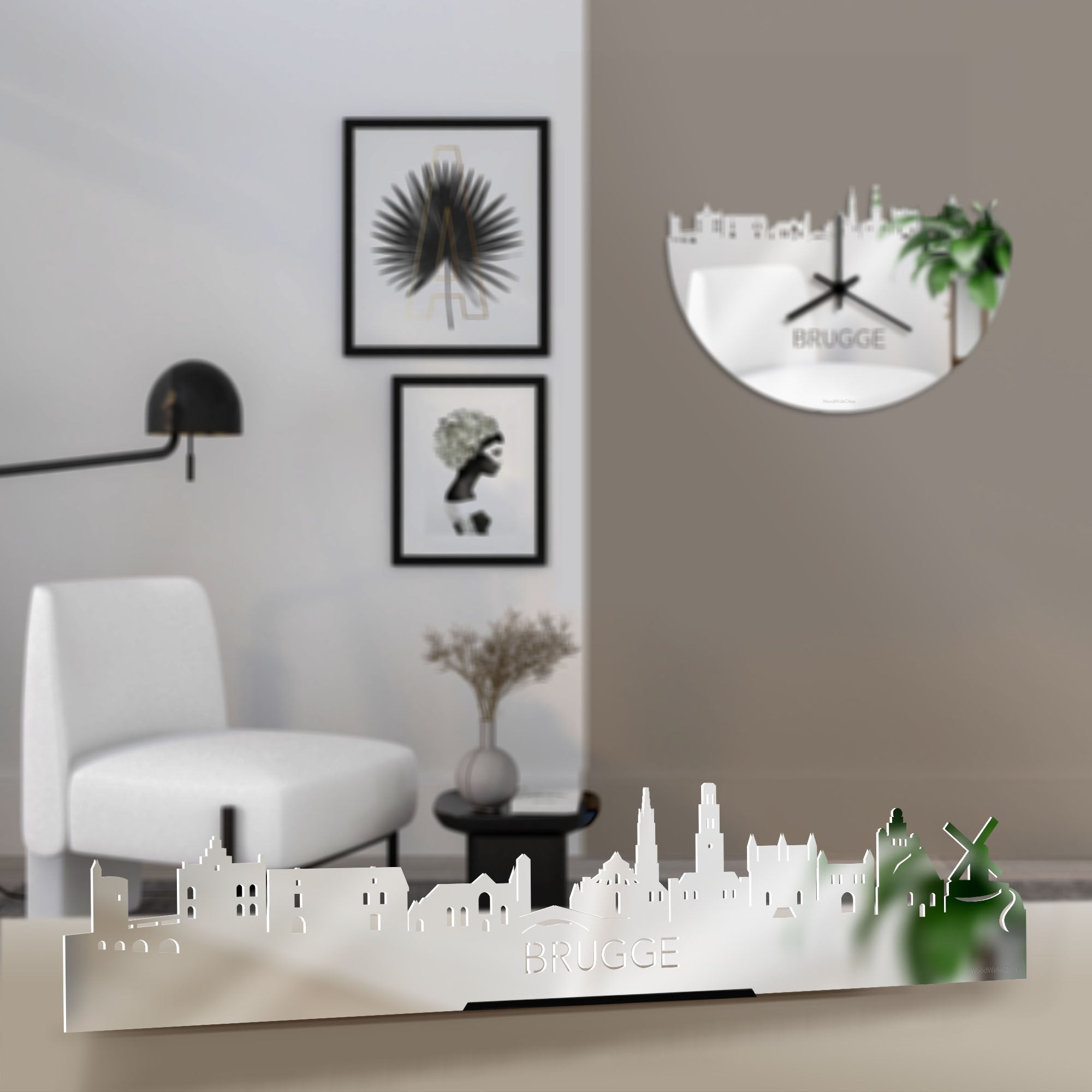 Standing Skyline Brugge Spiegel gerecycled kunststof cadeau decoratie relatiegeschenk van WoodWideCities