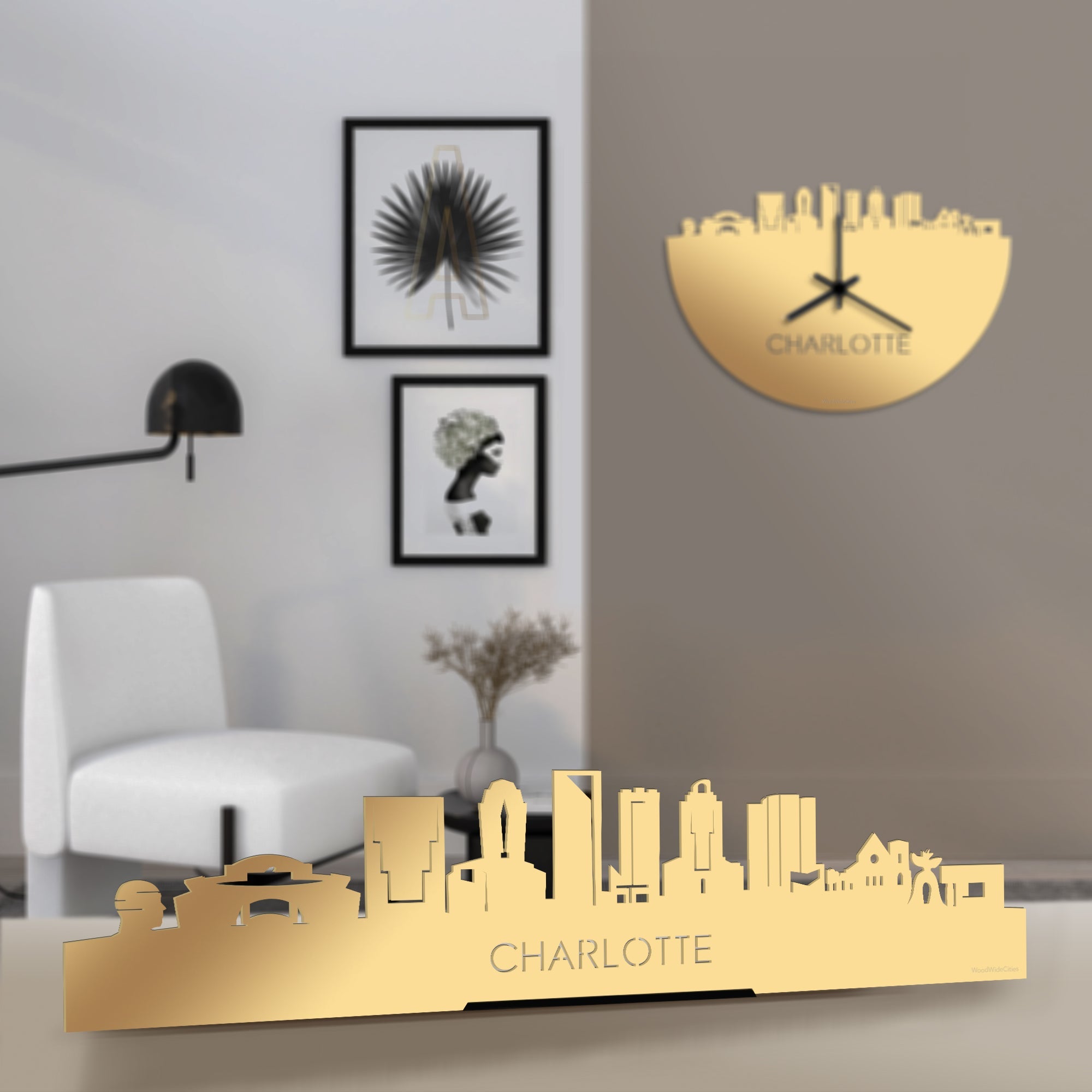 Standing Skyline Charlotte Metallic Goud gerecycled kunststof cadeau decoratie relatiegeschenk van WoodWideCities