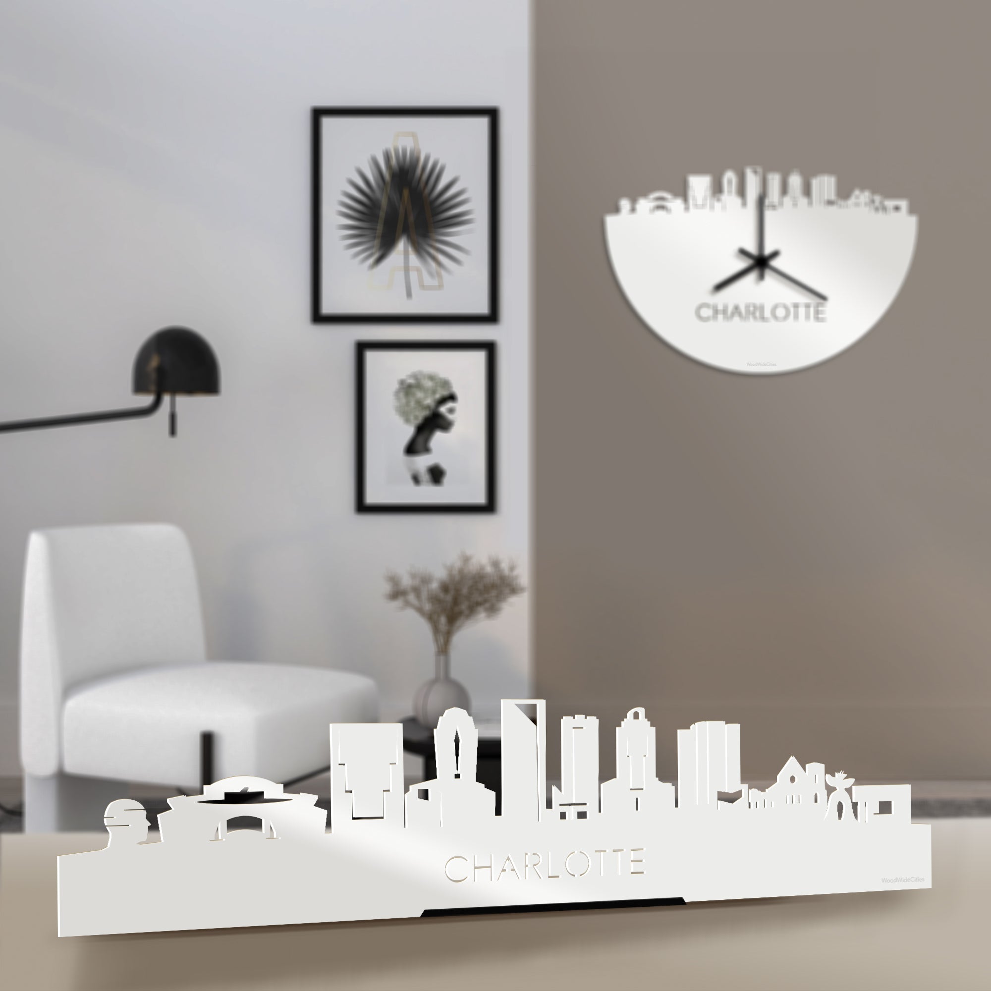 Standing Skyline Charlotte Wit glanzend gerecycled kunststof cadeau decoratie relatiegeschenk van WoodWideCities