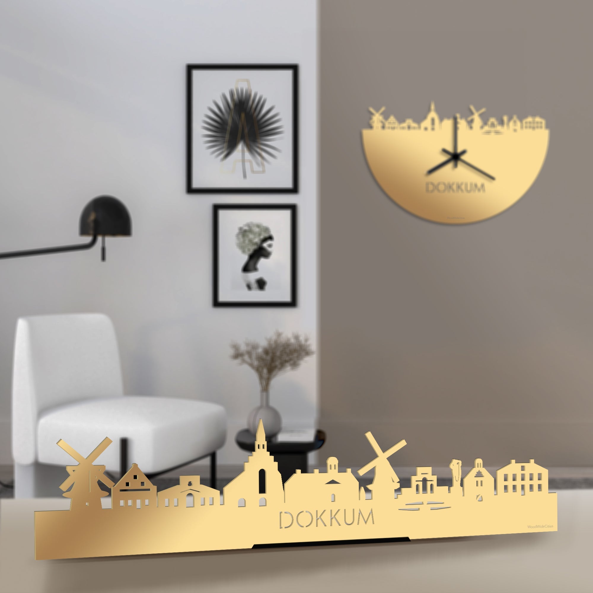 Standing Skyline Dokkum Metallic Goud gerecycled kunststof cadeau decoratie relatiegeschenk van WoodWideCities