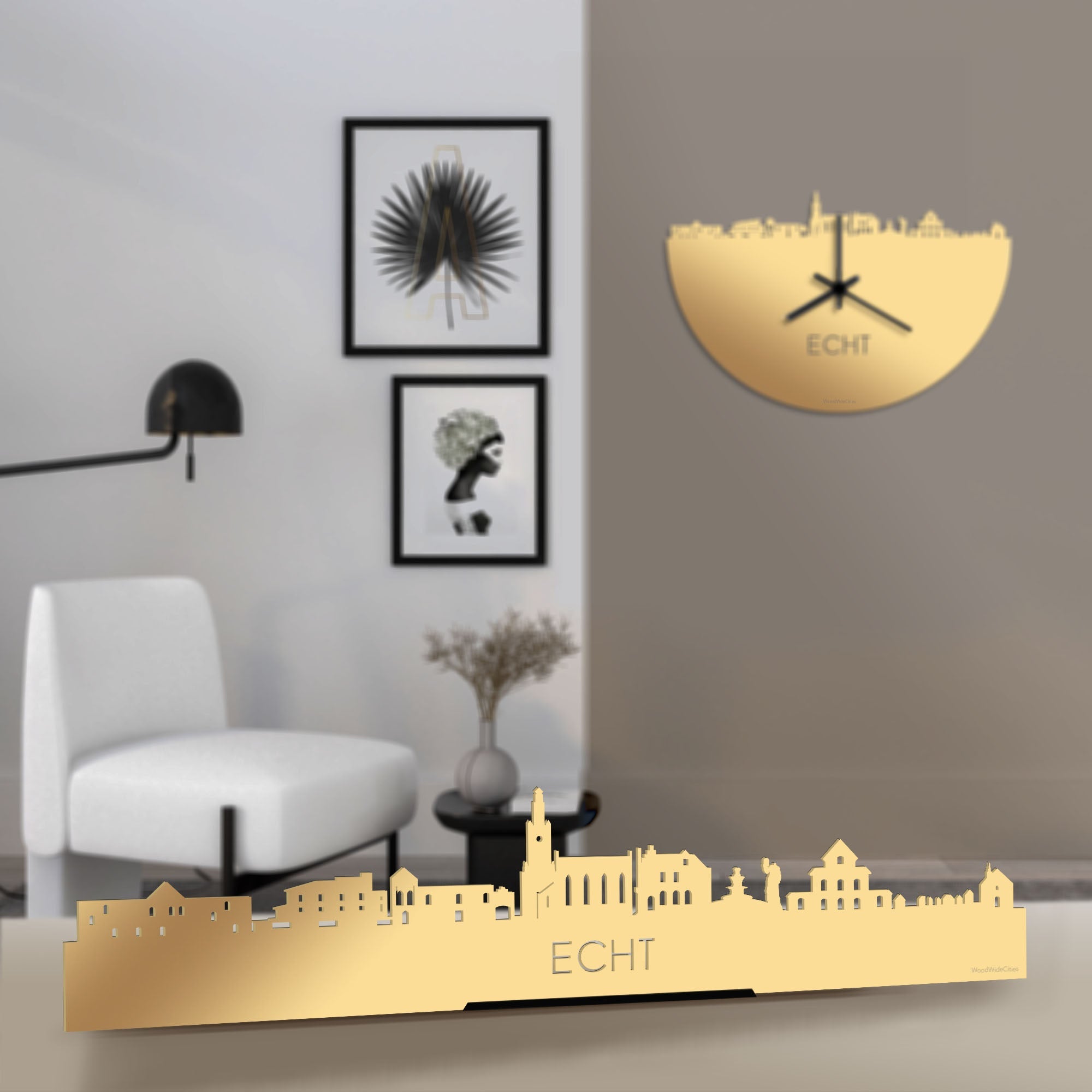 Standing Skyline Echt Metallic Goud gerecycled kunststof cadeau decoratie relatiegeschenk van WoodWideCities